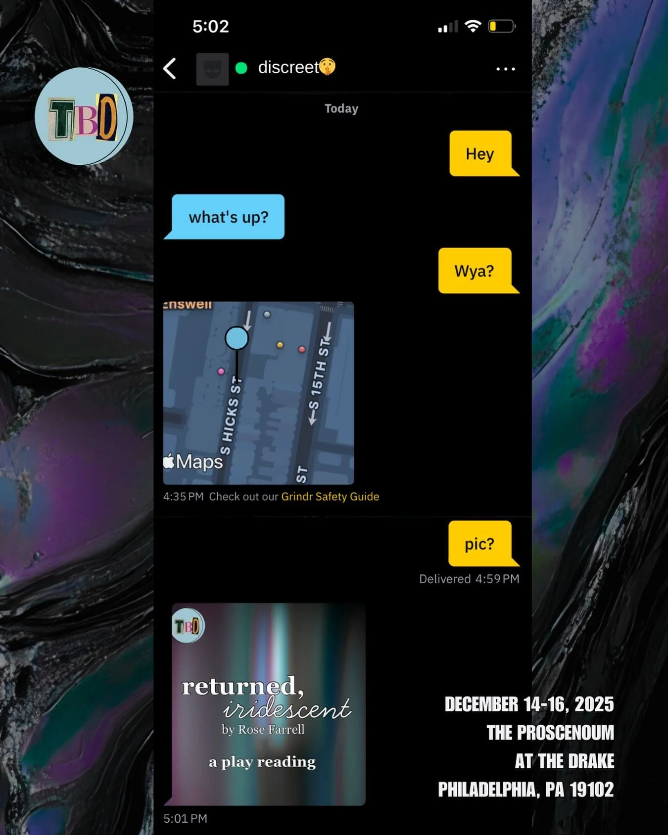 NO ONE @ TBD is DL about our excitement for returned, iridescent this weekend!!!

🎟️Tickets are now available for TBD's public staged play reading!

🔗LINK IN BIO
.
✨returned, iridescent🌙
written by Rose Farrell 
directed by Jack McManus

⭐️Starrin