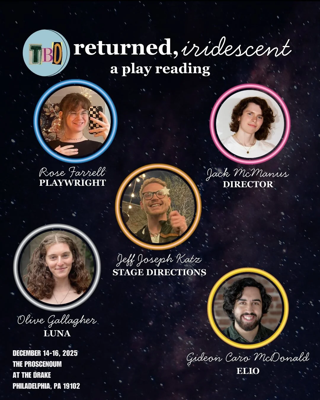 Today is the day! 

Make sure to catch returned, iridescent tonight through Tuesday @ 7pm!

✨returned, iridescent🌙
written by Rose Farrell 
directed by Jack McManus

featuring : 
☀️ELIO - Gideon Caro McDonald
🌘LUNA - Olive Gallagher
 📖STAGE DIRECT