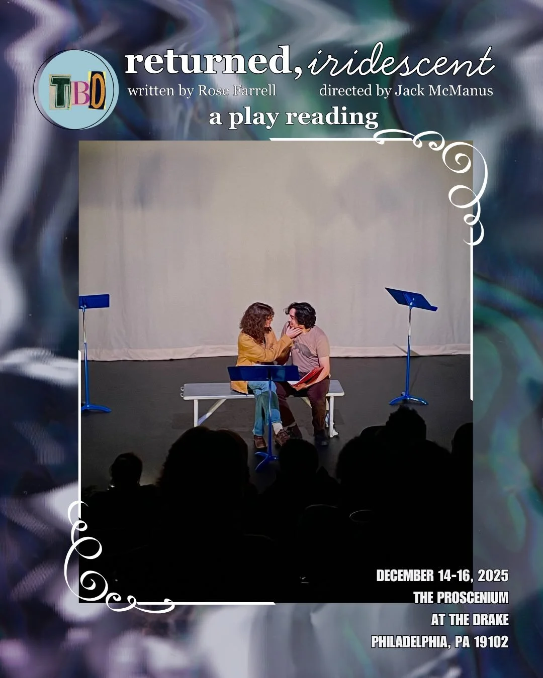 1 chance left to catch TBD's first public play reading tonight @ 7pm!

✨returned, iridescent🌙
a play reading
written by Rose Farrell 
directed by Jack McManus

featuring : 
☀️ELIO - Gideon Caro McDonald
🌘LUNA - Olive Gallagher
 📖STAGE DIRECTIONS -