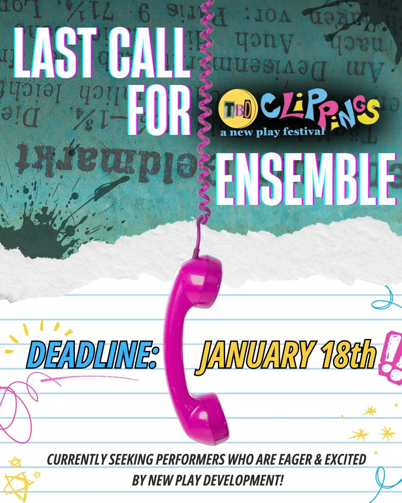 1️⃣ day left to submit for our open call for CLIPPINGS!

Tomorrow at 11:59pm is the last day to submit a 90sec monologue to be considered for our Clippings Ensemble!

🔗More details about CLIPPINGS2026 are in the form link in bio!

🗓️DEADLINE IS SUN