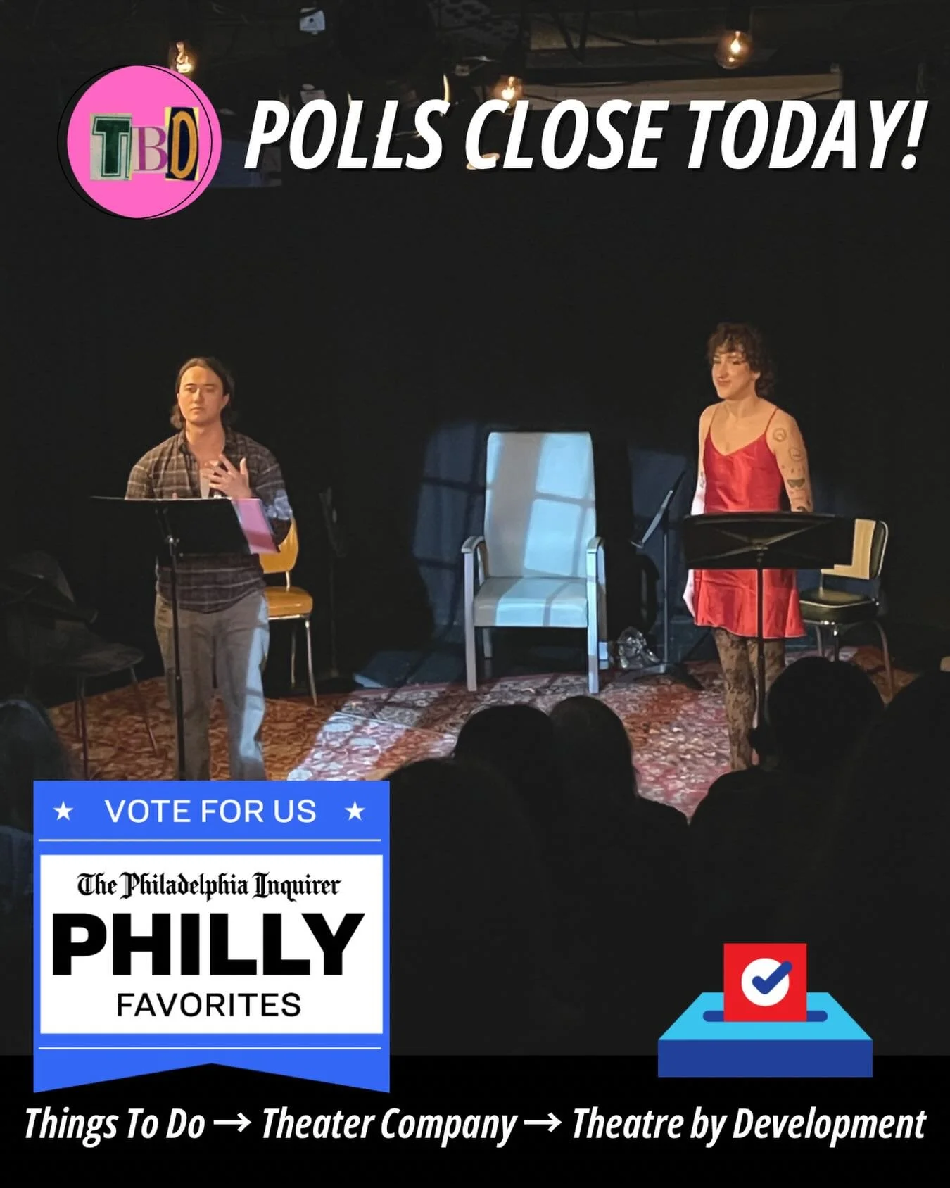 Today is the LAST DAY left to vote TBD as Philly&rsquo;s Favorite Theater Company! 🗳️🎭

Thank you to everyone who has been voting. We love and appreciate you and your support! 💕

Featuring an image from Clippings 2025! Our first iteration of Retur