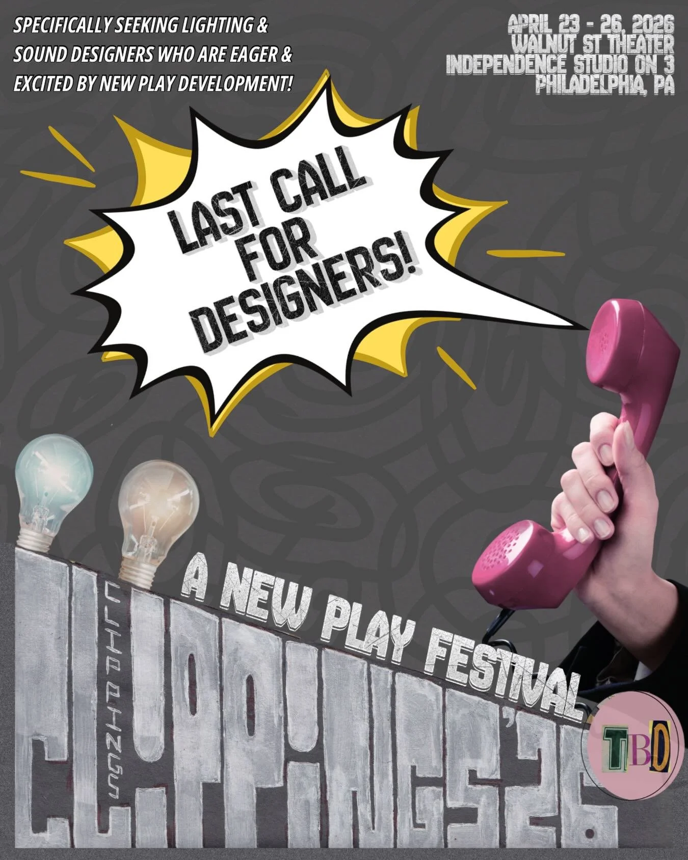 ☎️Today's the last call for designer submissions for CLIPPINGS 2026!

We are seeking lighting and sound designers interested in new play development!

✍️CLIPPINGS will run in Philadelphia Theater Week,&nbsp;performing April 23rd - April 26th with tec