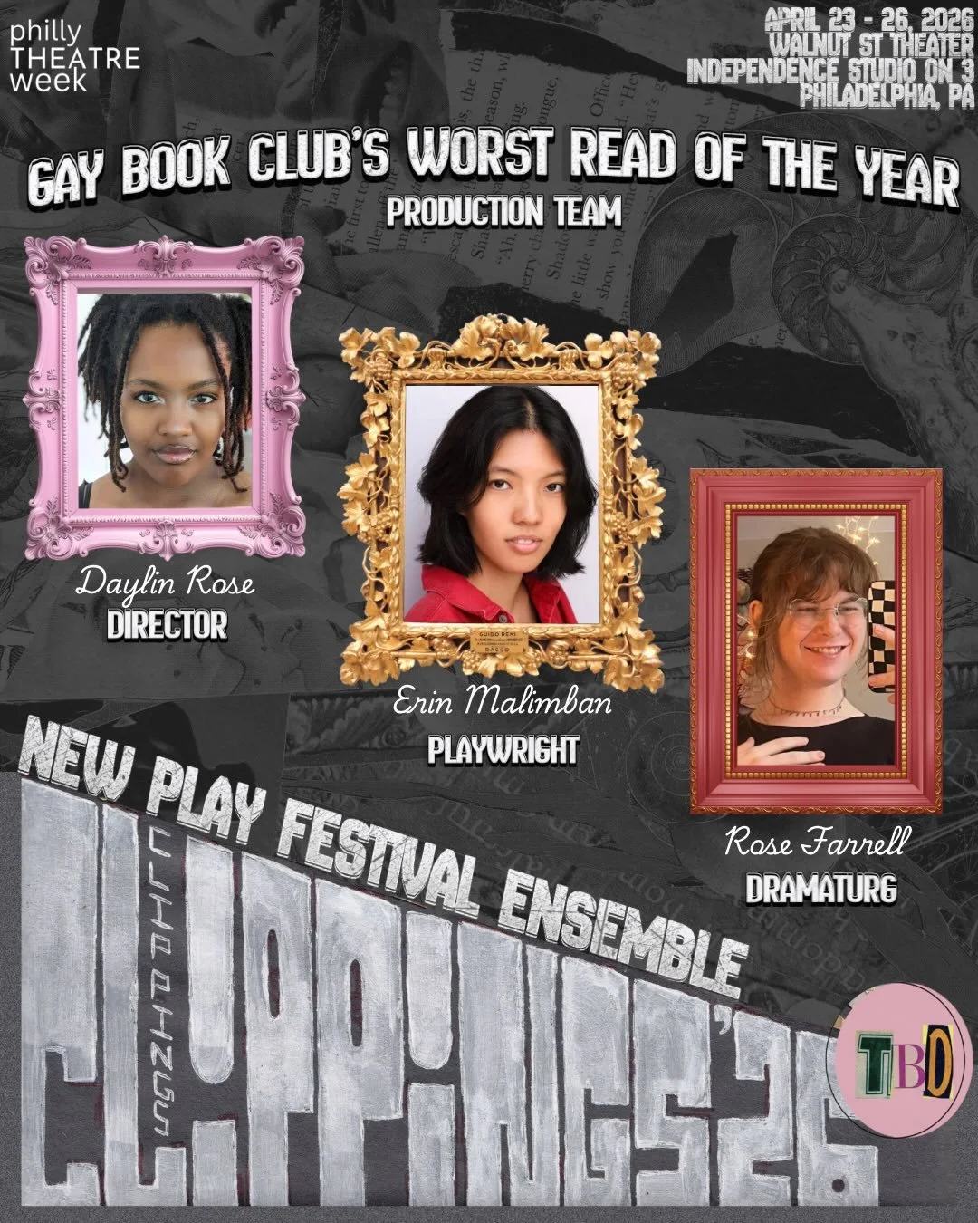 Calling all queers📢! Your gay book club is here📚 !

TBD is ecstatic to introduce the team behind...

🌈GAY BOOK CLUB'S WORST READ OF THE YEAR📚
written by Erin Malimban (they/she)
directed by Daylin Rose (she/her)
dramaturgy by Rose Farrell (she/he