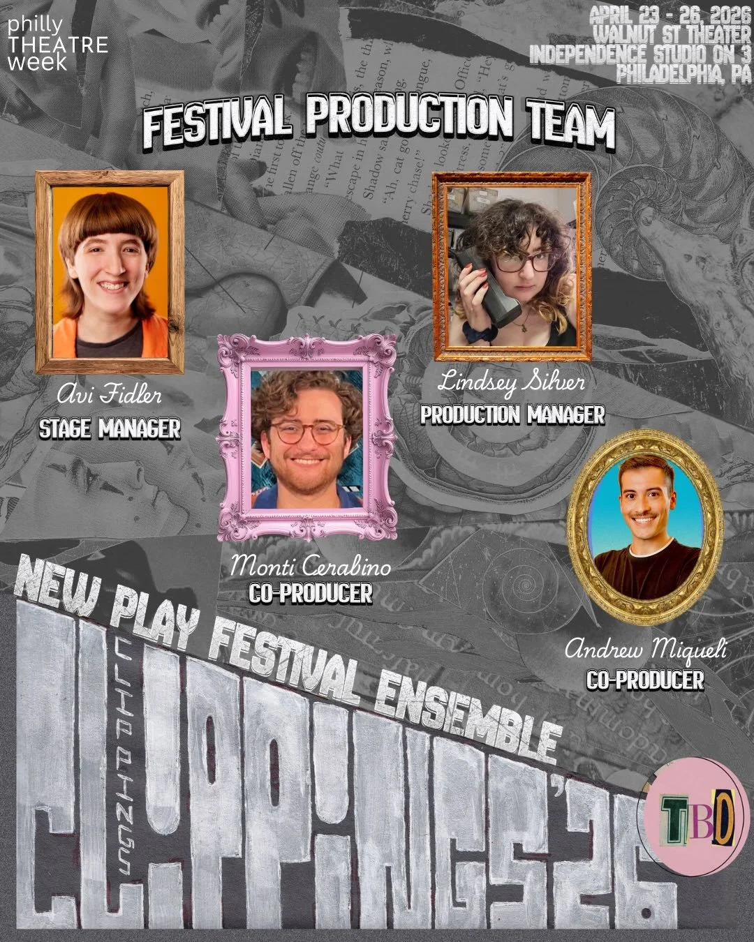 1️⃣ WEEK til CLIPPINGS 26!

Introducing the dream team clipping these scripts together to make a show!🎭

Stage Manger - Avi Fidler (they/ them)
Co-Producer - Monti Cerabino (he/they)
Co-Producer - Andrew Miqueli (he/ him)
Production Manager - Lindse