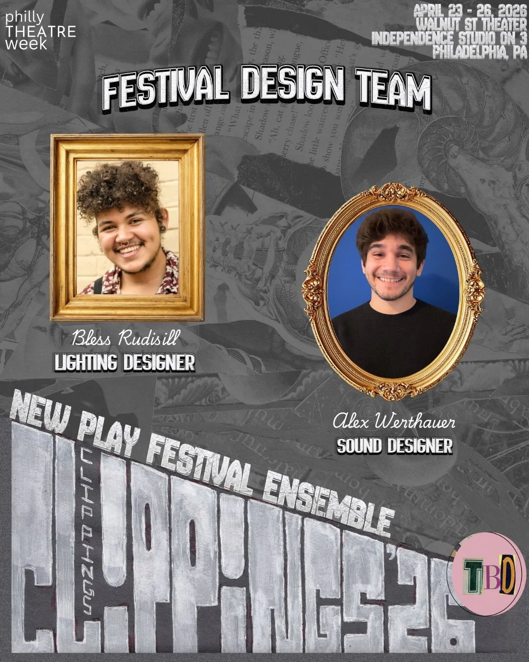 The Dream Team✨... the Dynamic Duo⚡️... meet TBD's Design Team for CLIPPINGS '26🧑&zwj;🎨!

💡Lighting Designer - Bless Rudisill (he/they) 
🎙️Sound Designer - Alex Werthauer (any)

Catch CLIPPINGS '26 THIS WEEK!

🎟️TICKETS ARE ON SALE NOW!

✏️CLIPP