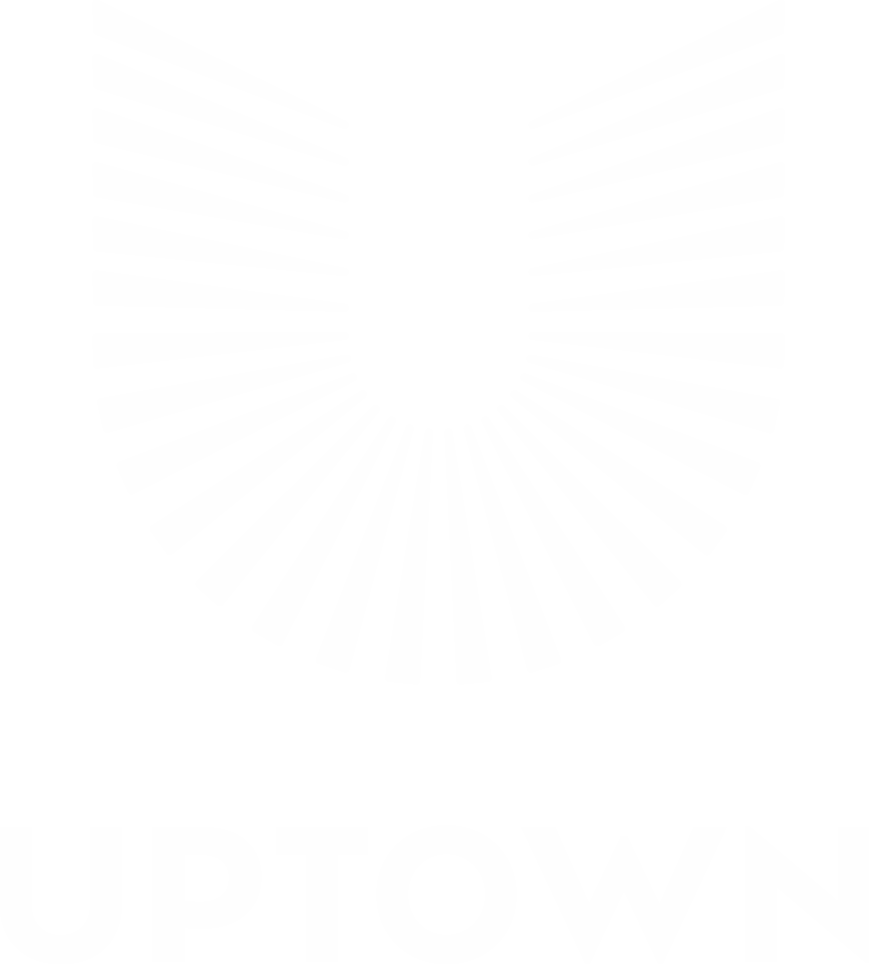 White Uptown logo with radiating sunburst emblem on a black background