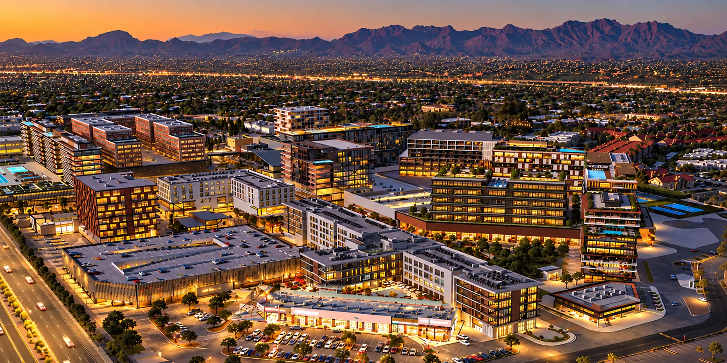 Aerial rendering of a mixed-use development at dusk, with lit apartment buildings, retail, a parking structure, and rooftop pools, set against Tucson’s city lights and the Santa Catalina Mountains.