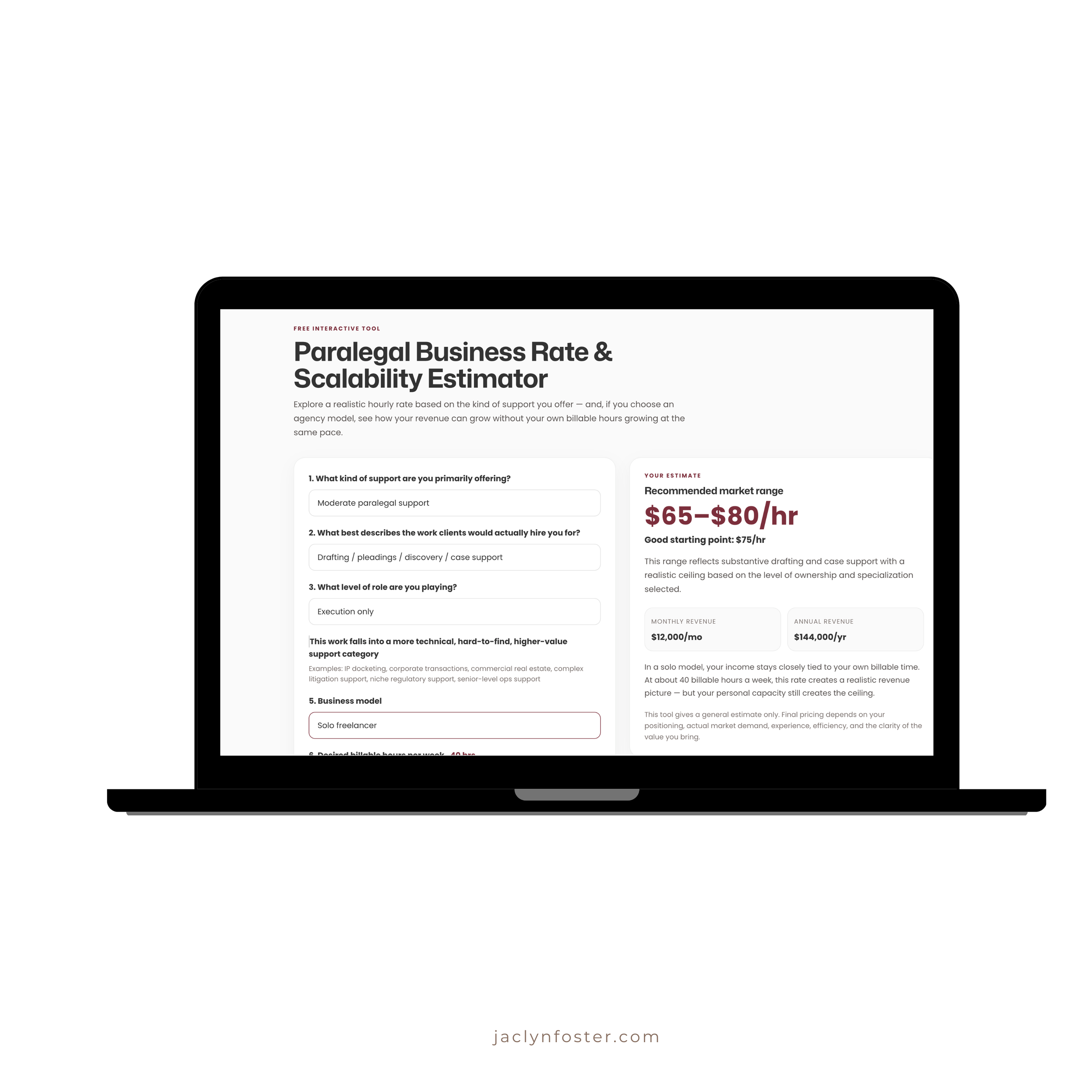 Paralegal business rate estimator tool mockup