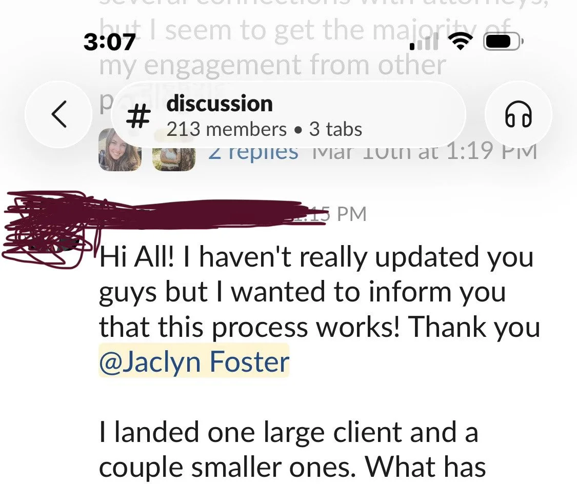 PIBS testimonial screenshot about paralegal business progress