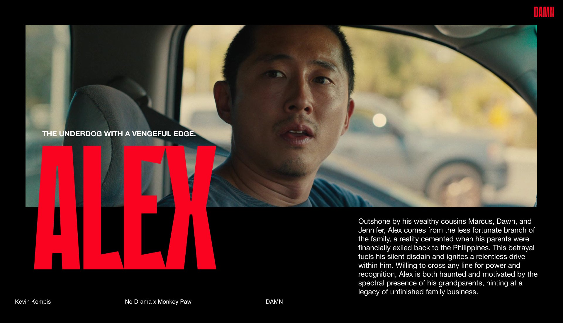A promotional graphic featuring a man in a car, partially visible through a window. Large red text says "ALEX" with a subtitle "The underdog with a vengeful edge." A paragraph describes Alex's family background and motivations. Additional text: "Kevi