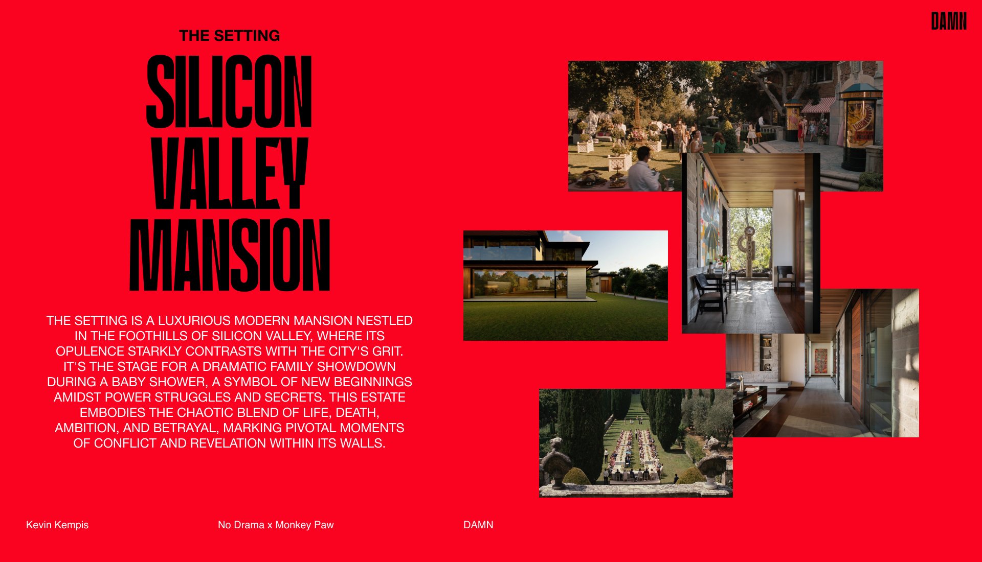 Image of a red-themed poster for a setting called 'Silicon Valley Mansion' featuring luxurious mansion images and descriptive text about a dramatic family showdown at a baby shower. Includes references to opulence, power struggles, and secrets.