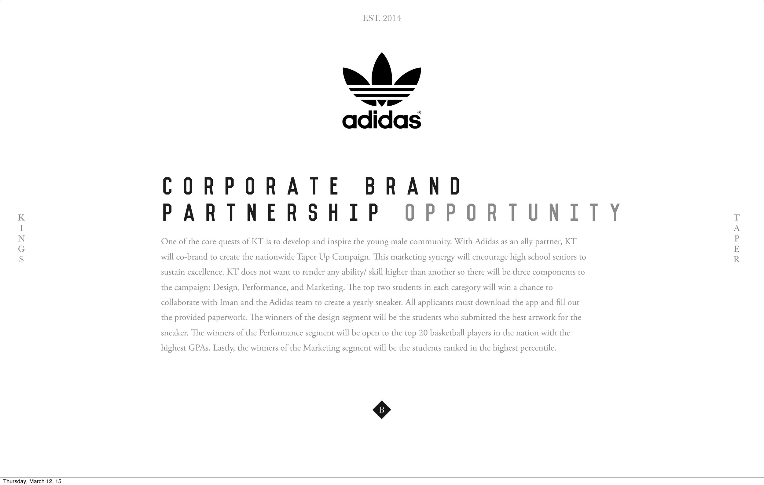 Adidas corporate partnership document with KT, discussing a co-branded Taper Up Campaign aimed at inspiring young males. Features collaboration details focusing on design, performance, and marketing, mention of high school students, and requirements