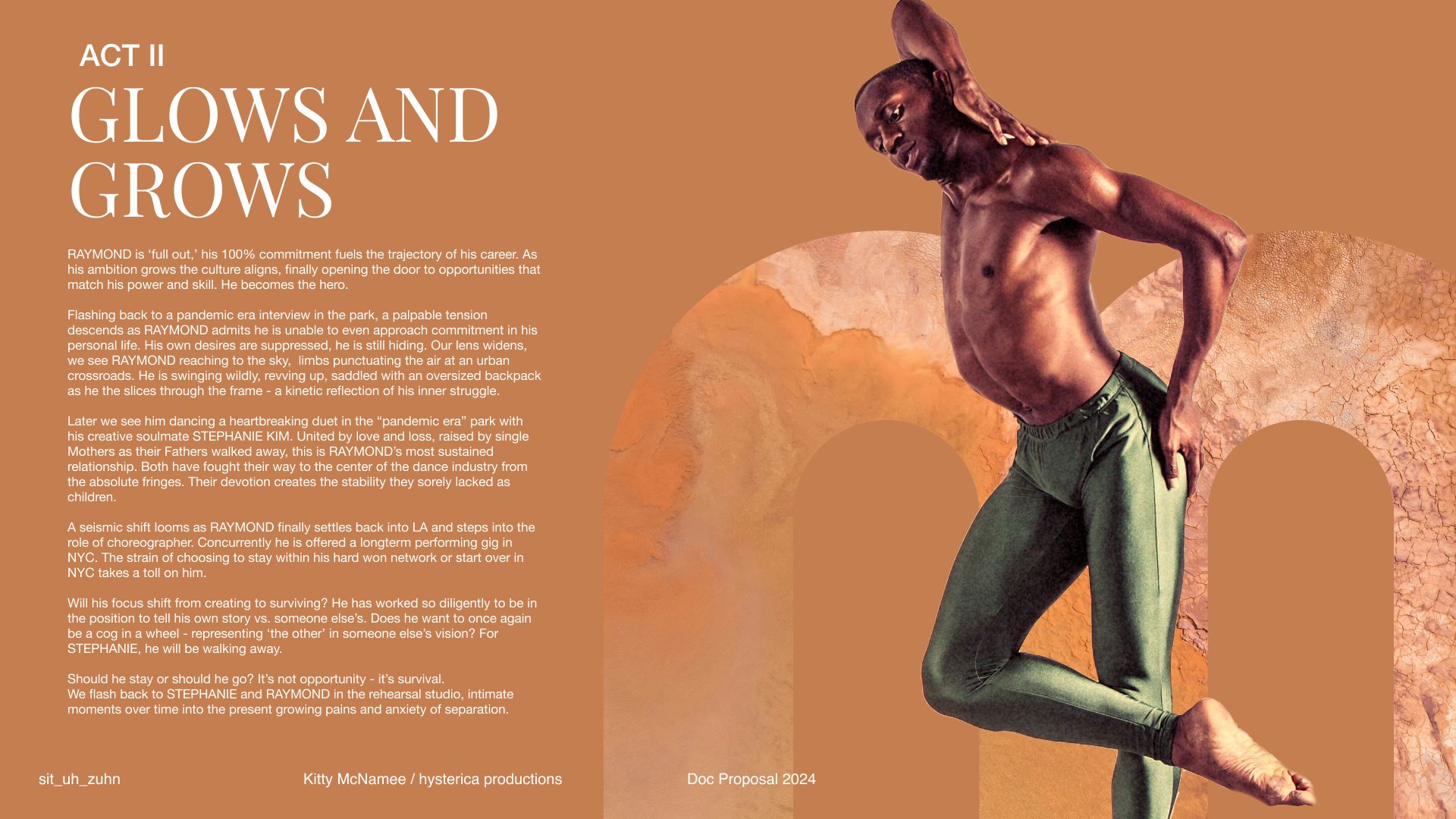 Promotional poster for "Act II: Glows and Grows," featuring a dancer in green pants with text about the journey and struggles of a character named Raymond. Includes credits at the bottom for Kitty McNamee and Hysterica Productions, labeled as a docum