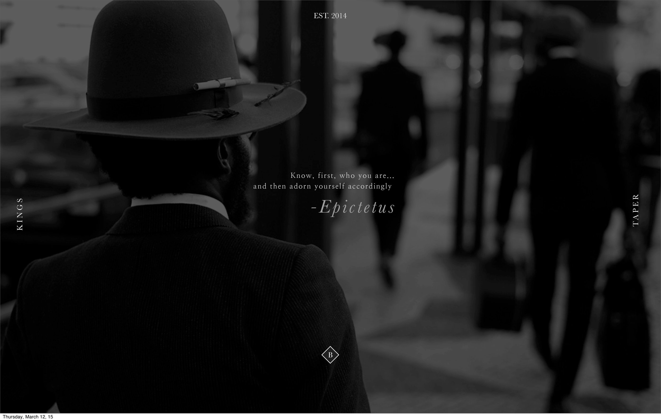 Black and white photo of a man in a hat, seen from behind, with a quote by Epictetus: 'Know, first, who you are... and then adorn yourself accordingly'. Another person walks ahead.