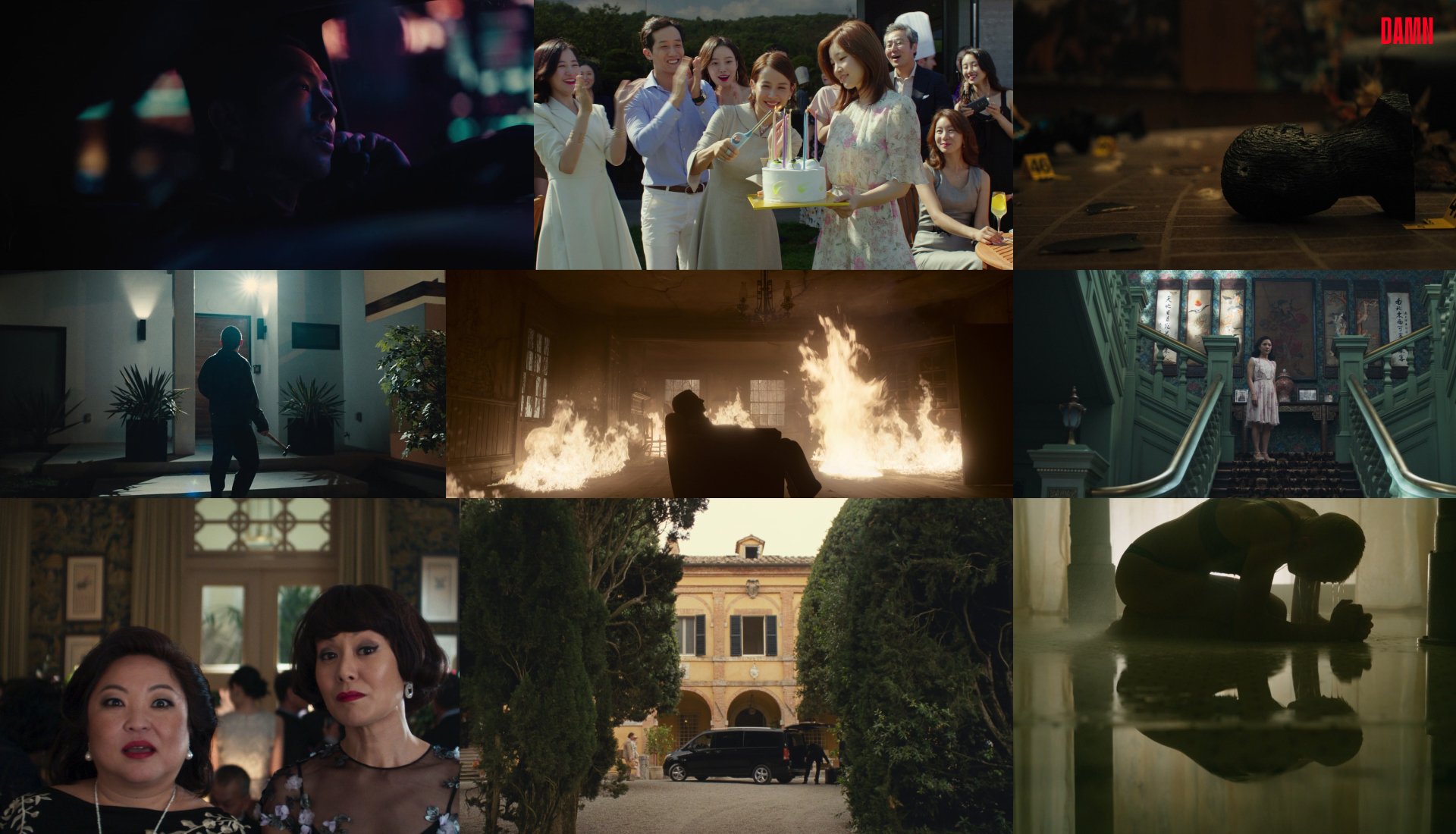 Collage of various dramatic scenes: a person holding a phone in the dark, a group celebrating with a cake, a dark object on the floor, a man approaching a house with a weapon, a room on fire with a silhouette, a woman on stairs, two women at a formal