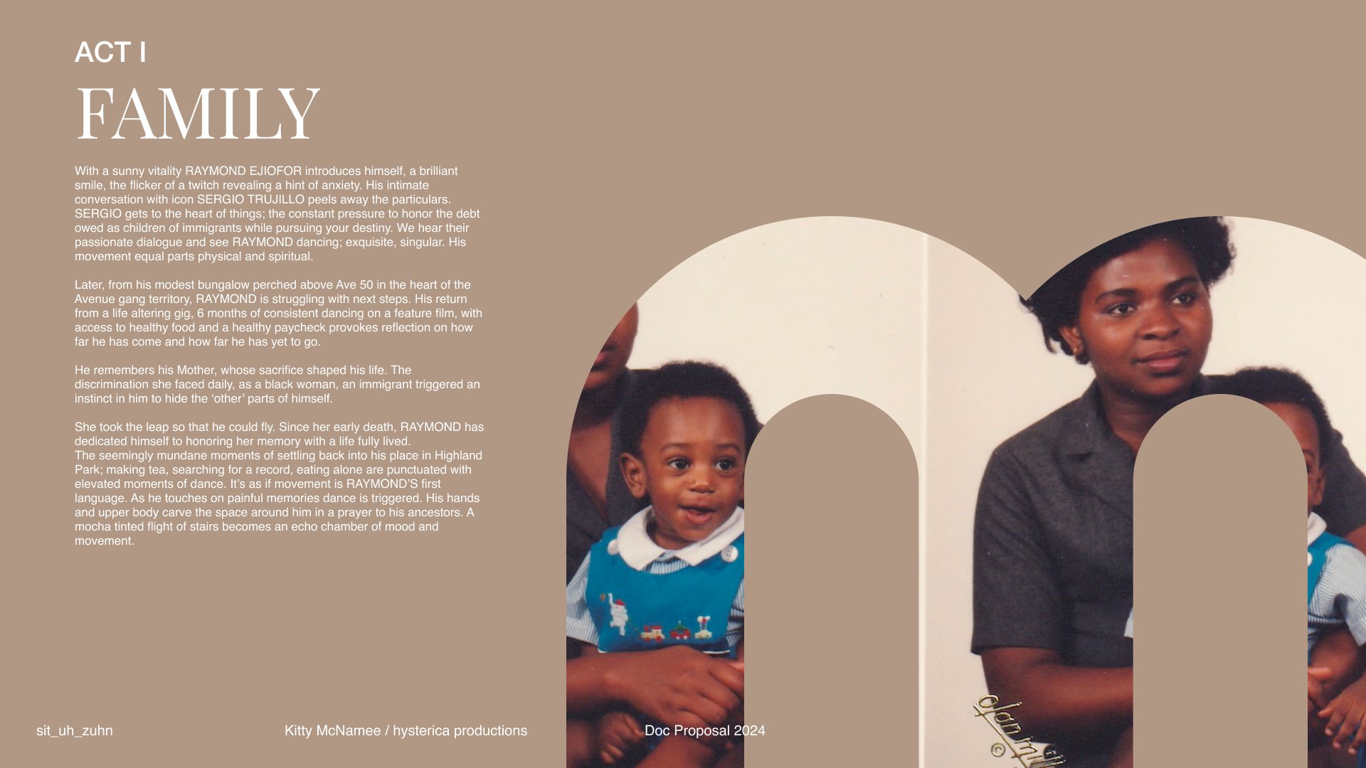 Vintage-style design with text introducing Act I of a story titled 'Family,' describing Raymond Ejiogor's background, struggles, and memories. A nostalgic, partially visible photo shows a woman and a young child, conveying themes of heritage and pers