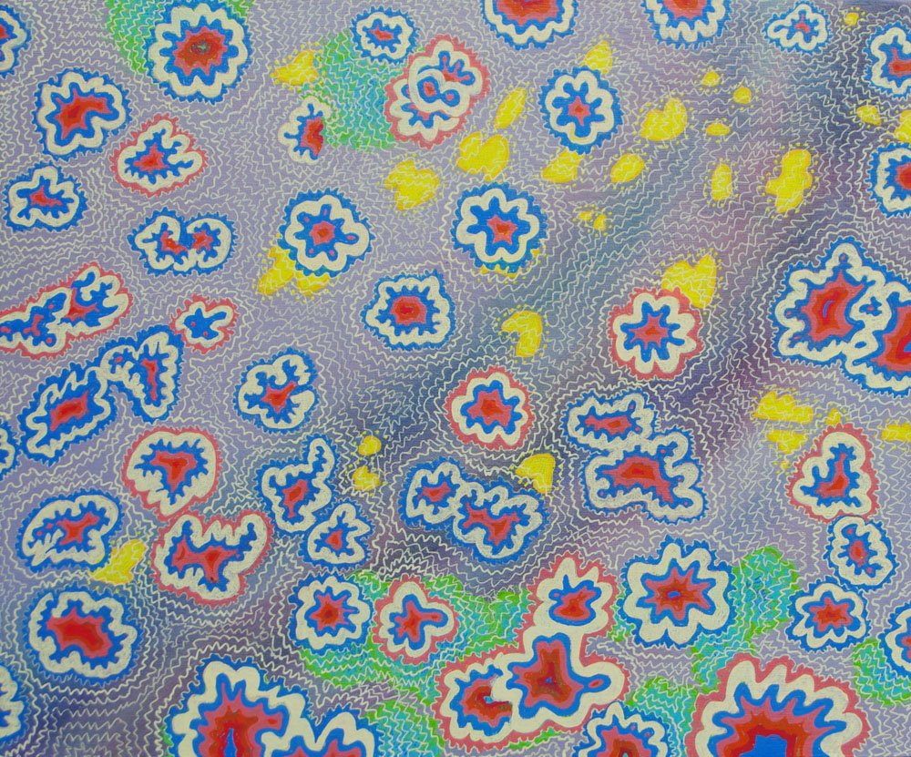 Lichen Community - 2023
Acrylic paint on wood 30 x 35cm $850
The simple joy of creating patterns and contrasting colours is what motivated this painting. It resembles a community of lichen species. I have been fascinated by lichen on recent campin