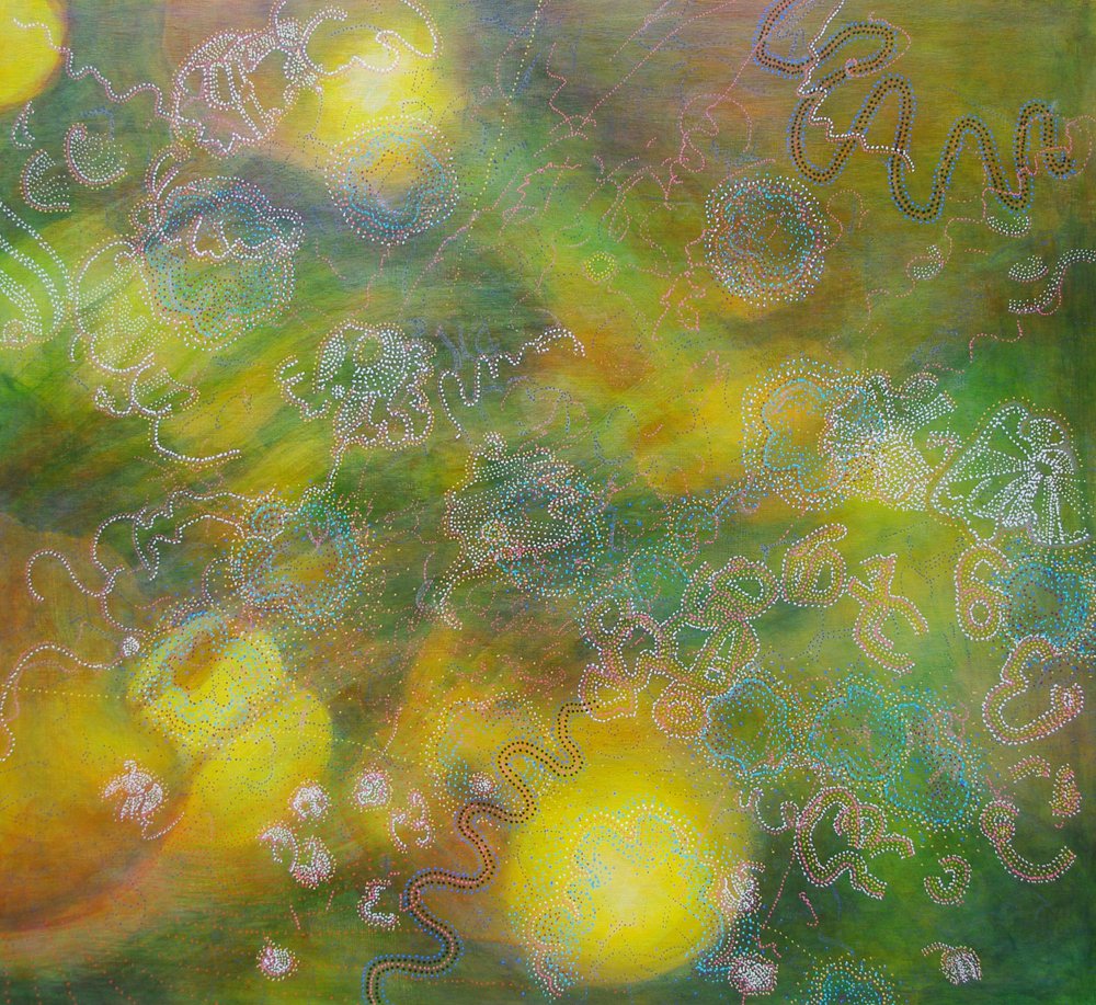 Microcosmic Drift - 2021
Acrylic paint on wood
56 x 61cm
Sold
This is an intuitive impression of the microscopic world. Seemingly invisible and unnoticed – in different realms, we are however intimately connected – microcosms within macrocosms.