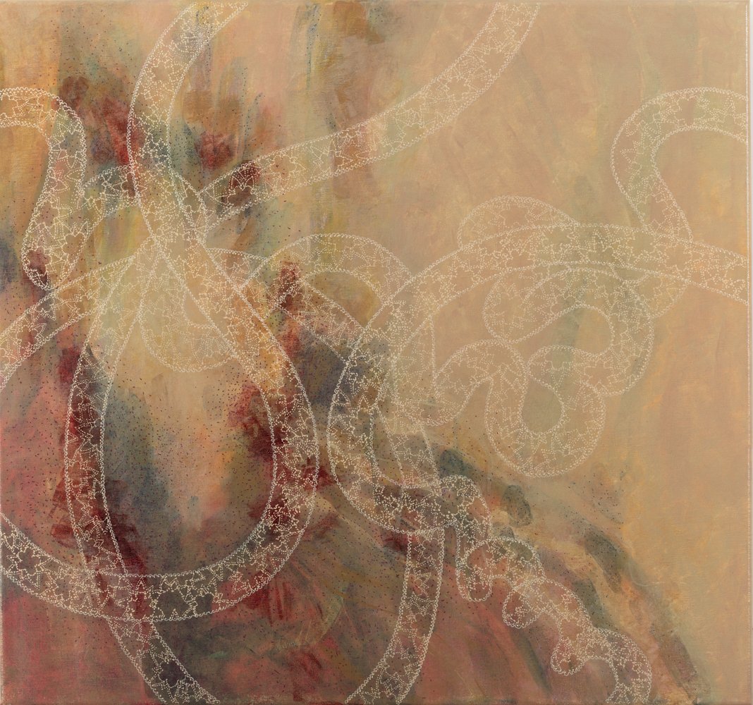 Interphase: Blueprint of life - 2024
Acrylic paint on canvas
71 x 76cm
Sold
I thought that this pattern resembles a strand of DNA. My friend Julian suggested the title: ‘Interphase’. Interphase is the ‘daily life’ stage of a cell, in which it obt