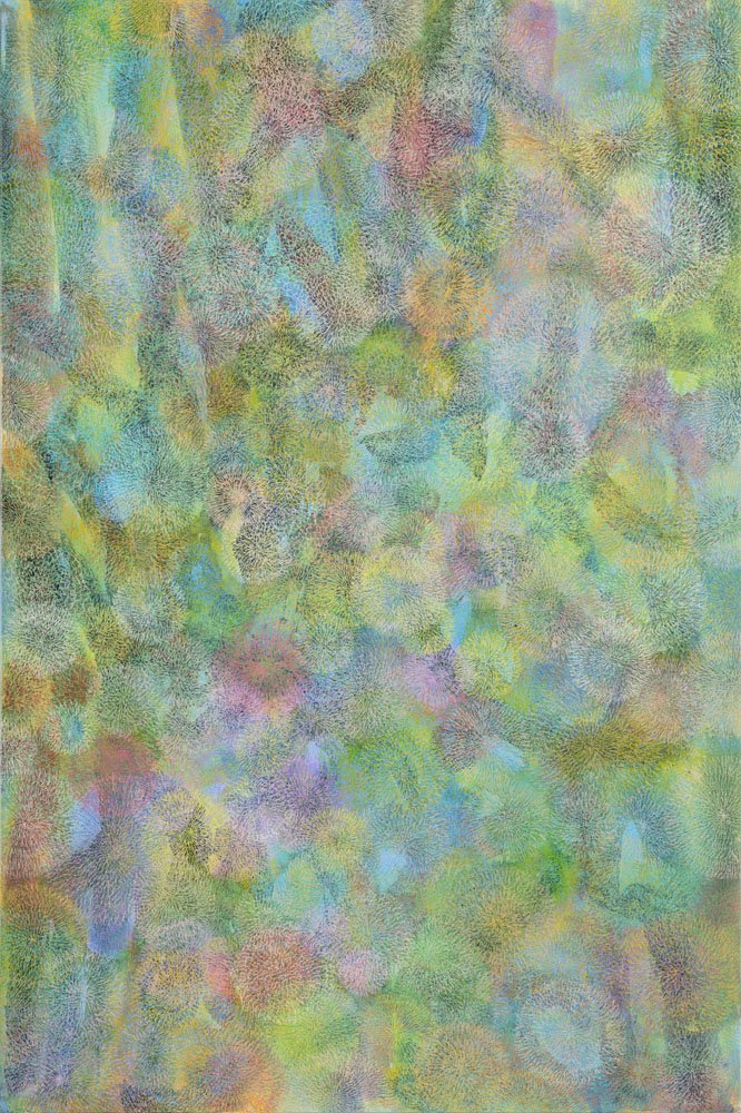 Creatures that live in light and shade - 2023
167 x 101cm
$2,500
Fractal patterns which arranged and overlaid together look like lichen clustered on a rock face. I made these patterns spontaneously and repeatedly over a period of time. I let the s