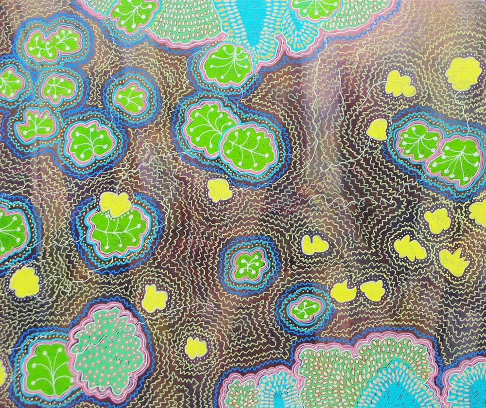 Lily Pond - 2023
Acrylic paint on wood 30 x 35cm $850
This is an intuitive free drawing which has been finished with patterns. It resembles an aerial view of a lily pond.