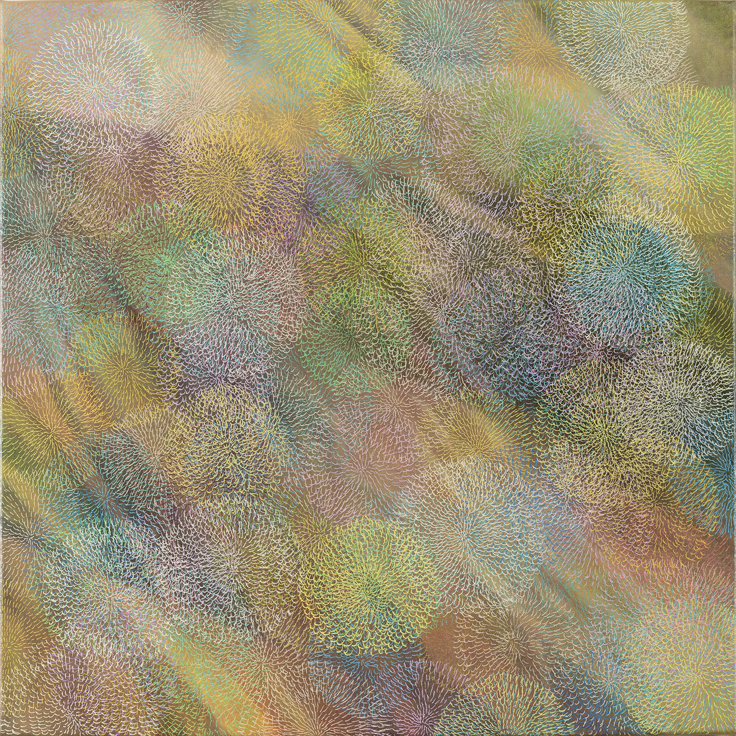 Chasing the Light - 2024
Acrylic paint on canvas
76 x 76cm
$1,500
Fractal patterns, arranged and overlaid together look like lichen clustered on a rock face.