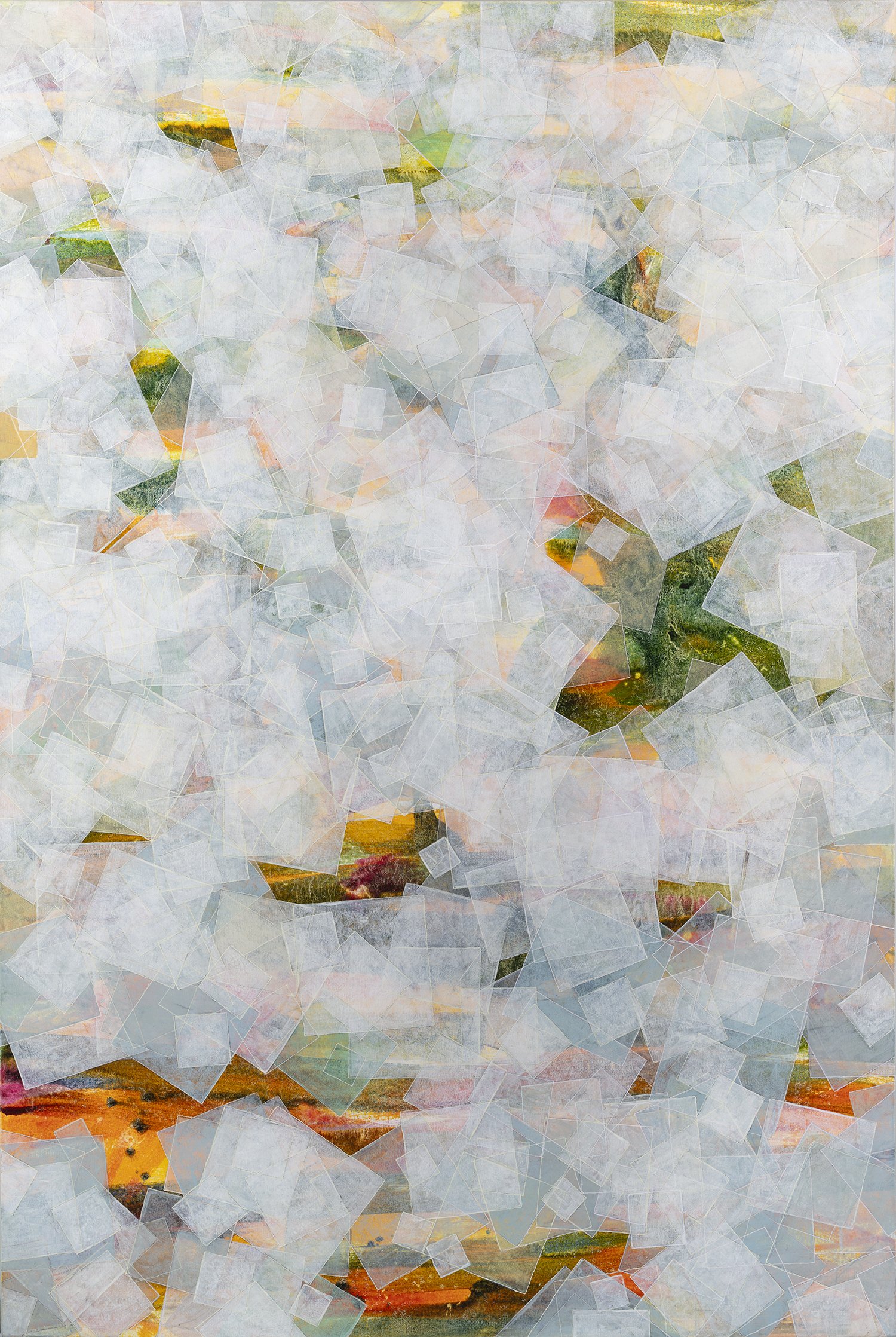 Cumulus - 2023
Acrylic paint on canvas
167 x 101cm
$2,500
This is a painting which I started years ago for the Windows series. The original layer of watery paint marks resembles a landscape from an aerial viewpoint. Overlaying it are translucent