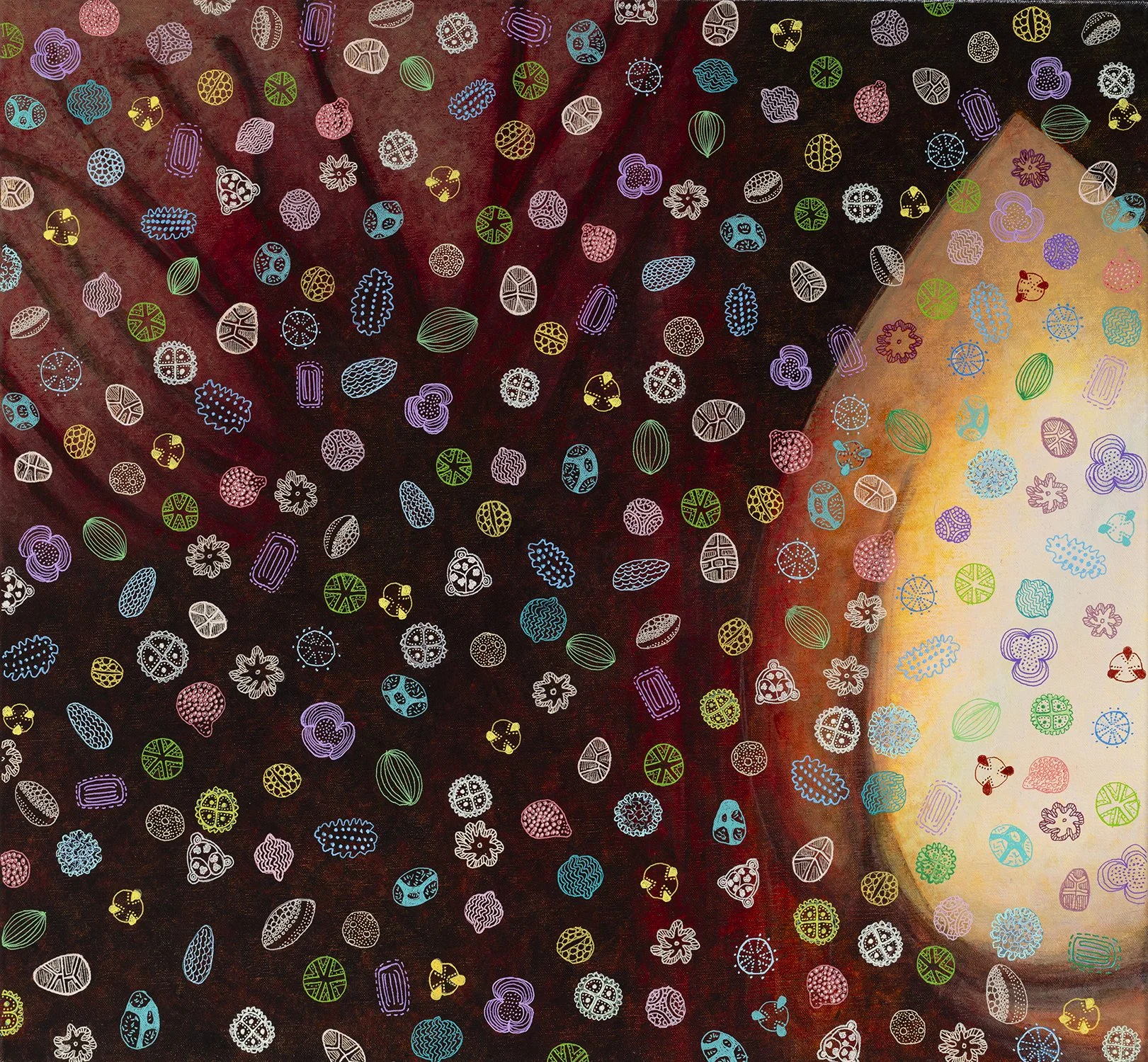 Pollen Party - 2023 
Acrylic paint on canvas 
70 x 76cm 
Artist's Collection 
The patterns are inspired by photographs of pollen grains seen under the microscope.