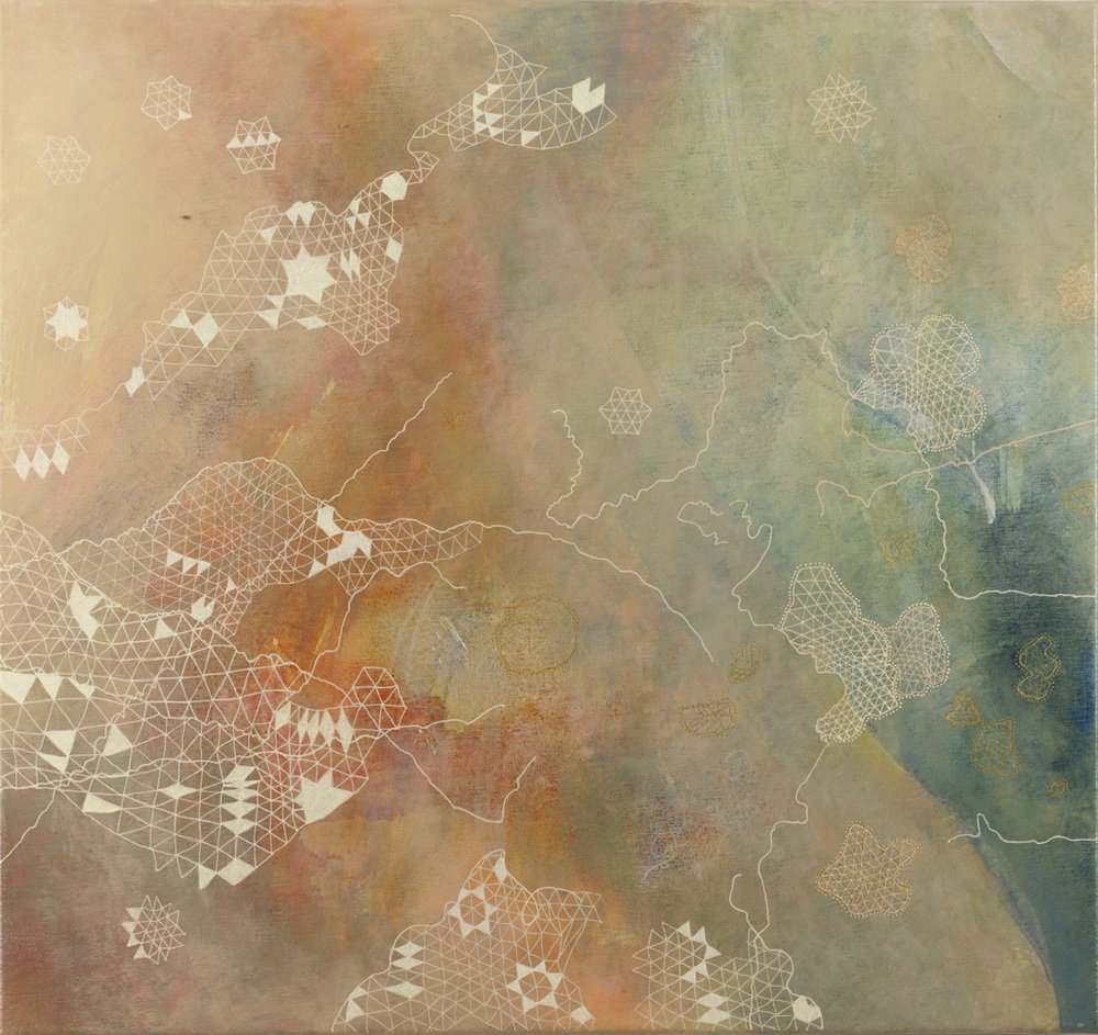 Clusters: Into the Heart - 2024
Acrylic paint on canvas
71 x 76cm
$1,500
This painting resembles an aerial view over a landscape. It is overlaid with a map or pattern of connected pieces, arranged in clusters of different sized ‘communities’. Cit