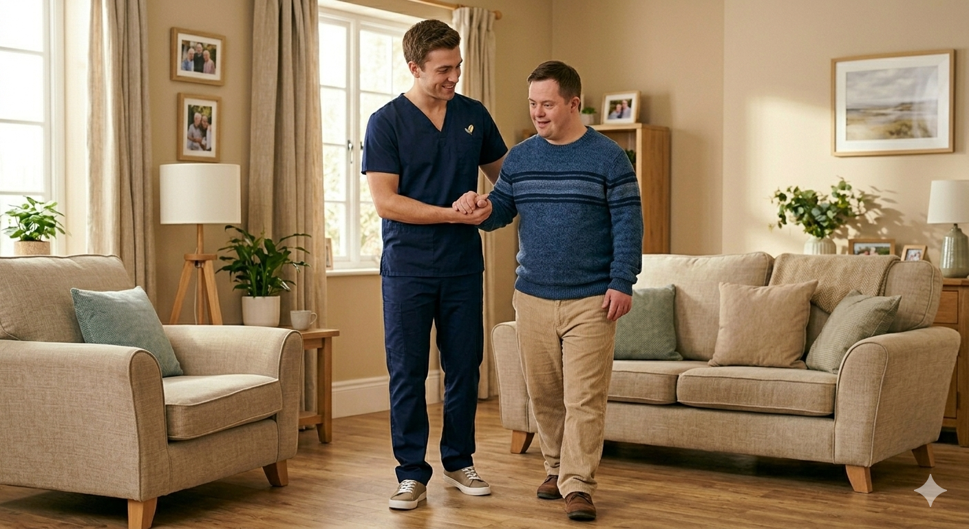 Caregiver assisting an elderly individual with mobility using a walking aid, ensuring safety and fall prevention in a home setting.