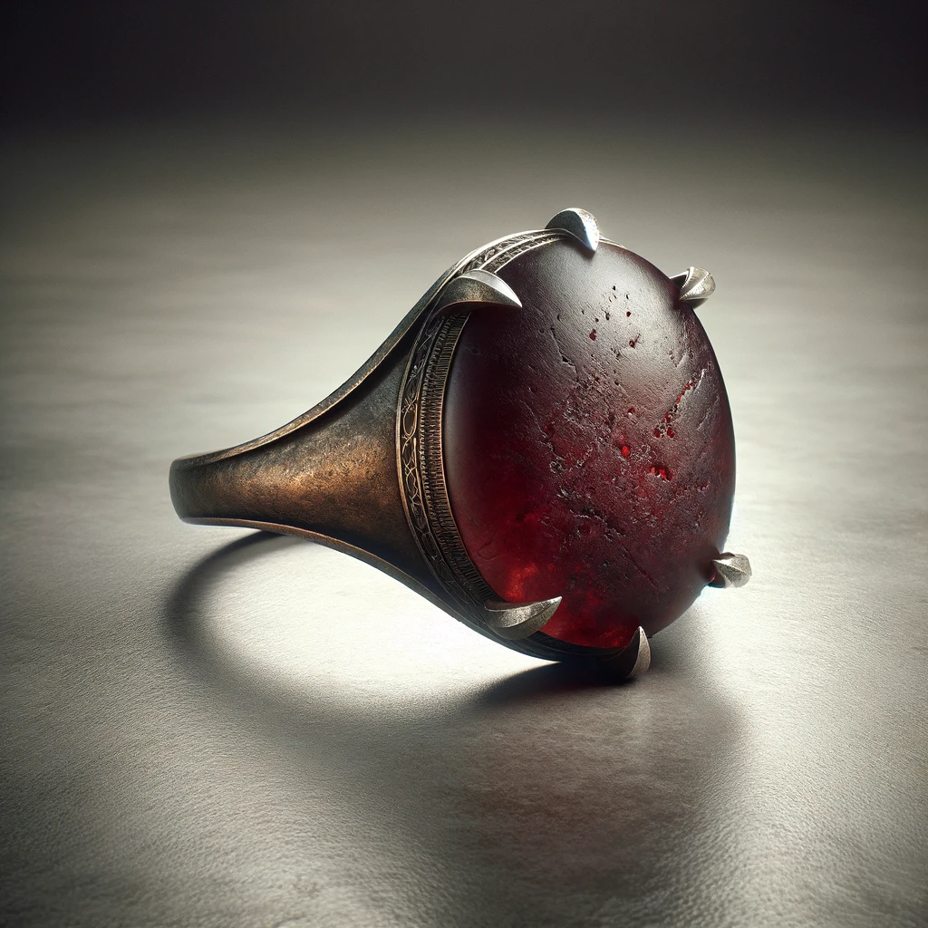 20. A CABOCHON GARNET AND LOW KARAT GOLD RING, LIKELY 14TH CENTURY