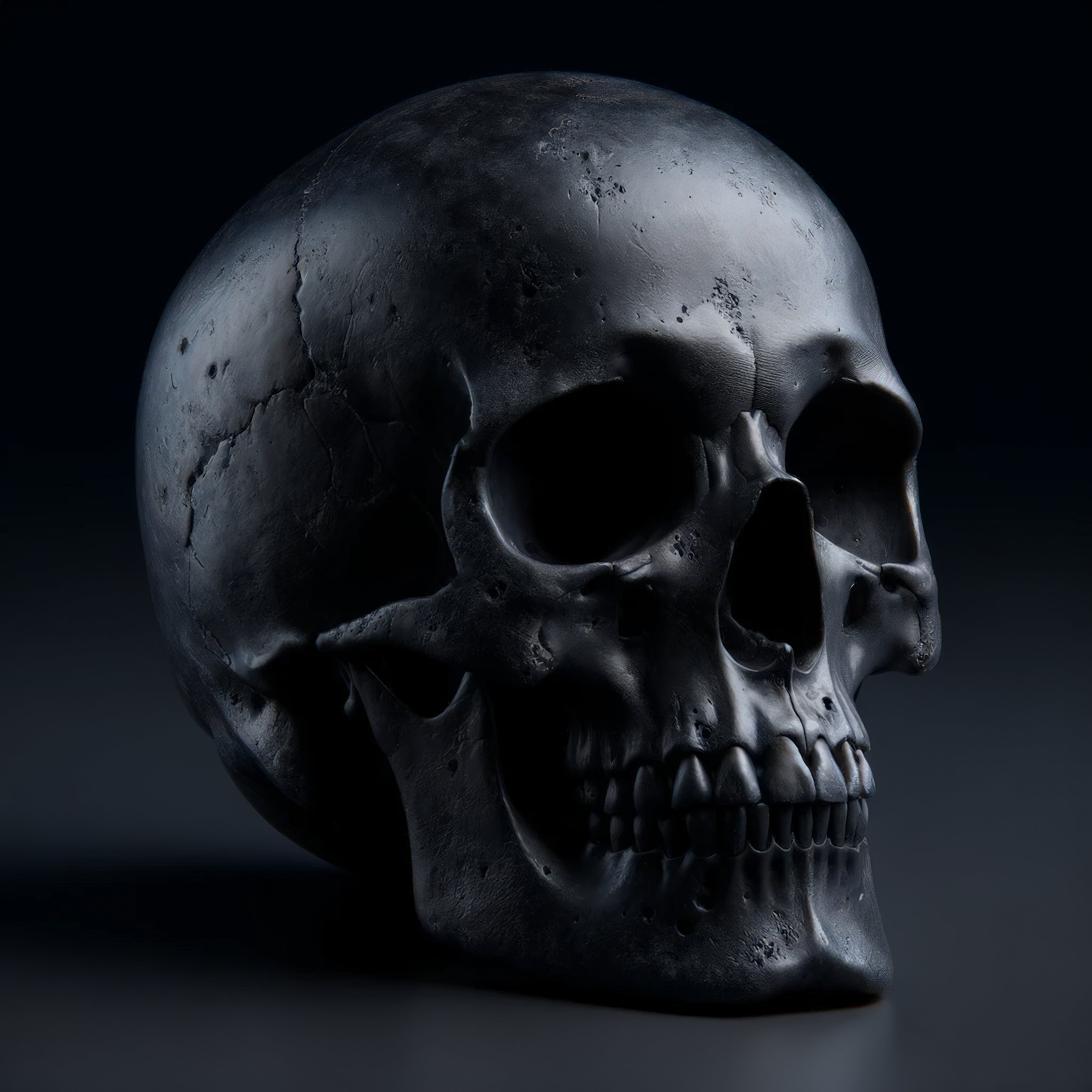 28. A BLACKENED FOSSILIZED COMPLETE HUMANOID SKULL, OF INDETERMINATE AGE