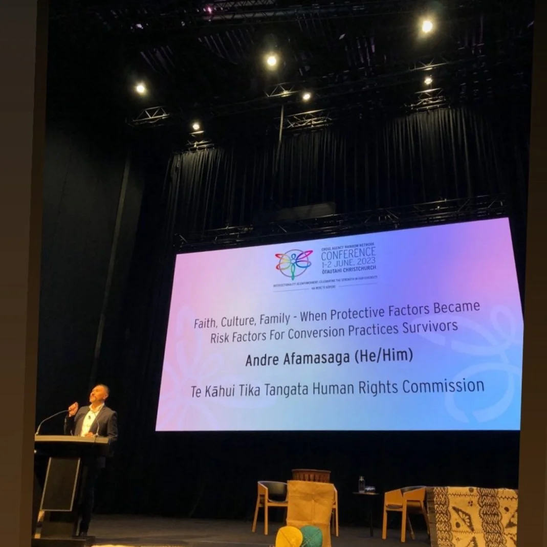 Andre Afamasaga giving a keynote speech at the 2023 CARN (Cross Agency Rainbow Network) government conference in Christchurch