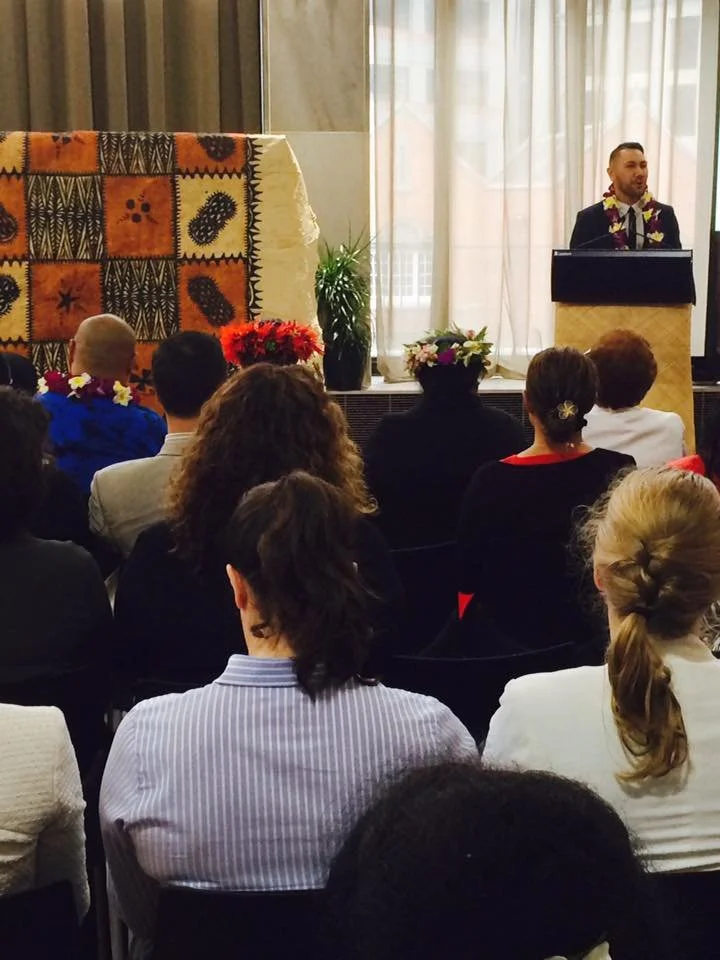 Andre Afamasaga at the Prime Ministers Pacific Youth Awards at NZ Parliament with then Prime Minister John Key