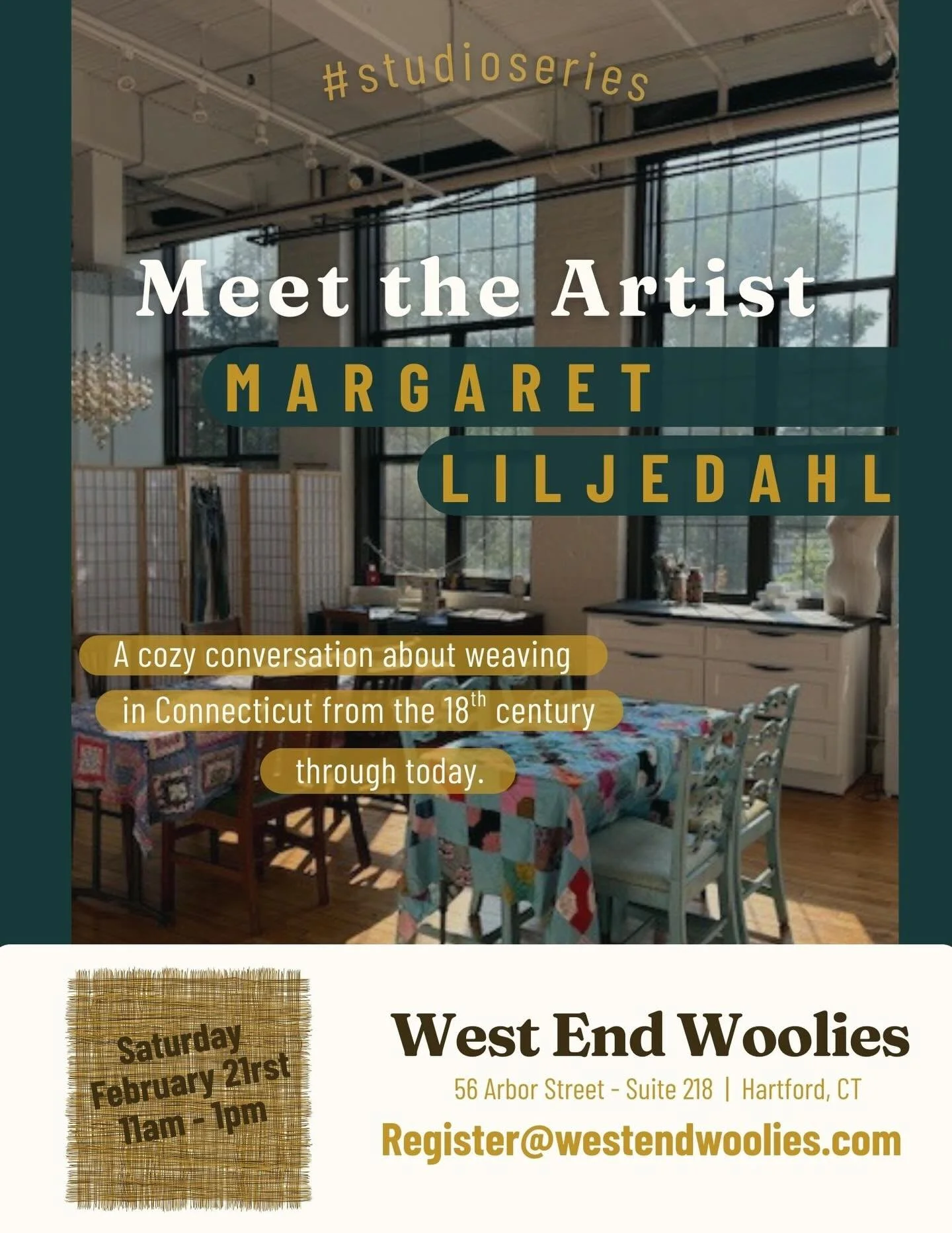 Join us for our next Studio Series event with Margaret Liljedahl! We&rsquo;ll be exploring Connecticut&rsquo;s rich weaving history on Saturday February 21 at 11am. We hope you can join us! Register @westendwoolies.com #studioseries #weaving #fiberar