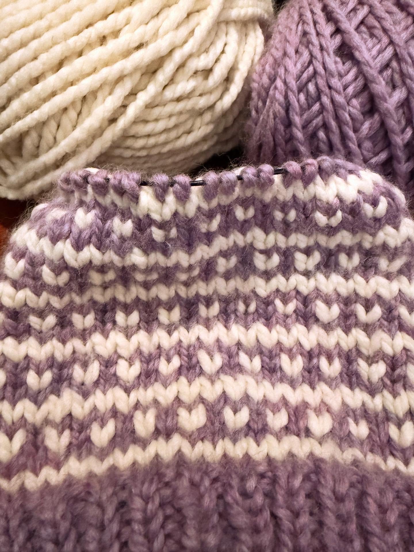 A Valentines Day knit in the works💜#knittedhats #colorwork #fairisle #malabrigo #lionbrand