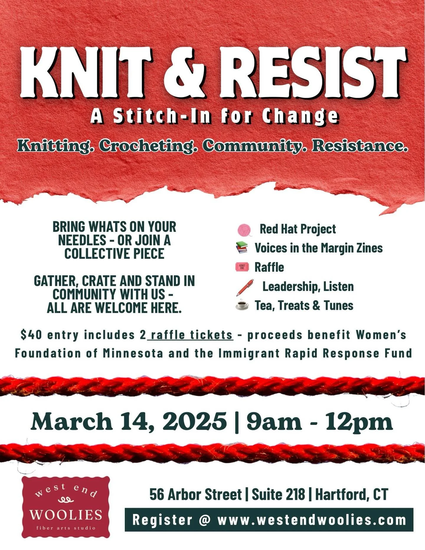 Red Hats, Bold Hearts❤️ 
Knit &amp; Resist is back - join us March 14th! Register @westendwoolies.com #knitandresist #redhats #resistance #craftivism
