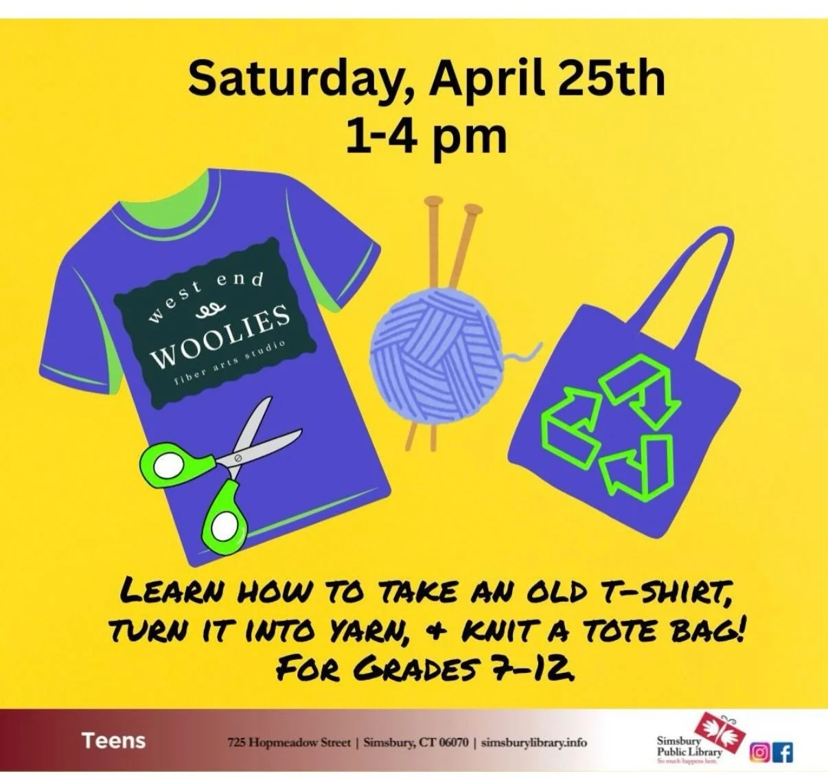 Join me Saturday afternoon at the Simsbury Public Library as we turn old tees into yarn&mdash;and then into something totally your own. Knit a bag, a belt, a top&hellip;whatever you can dream up! #knitting #upcyclingtees #teestoyarn #publiclibraries