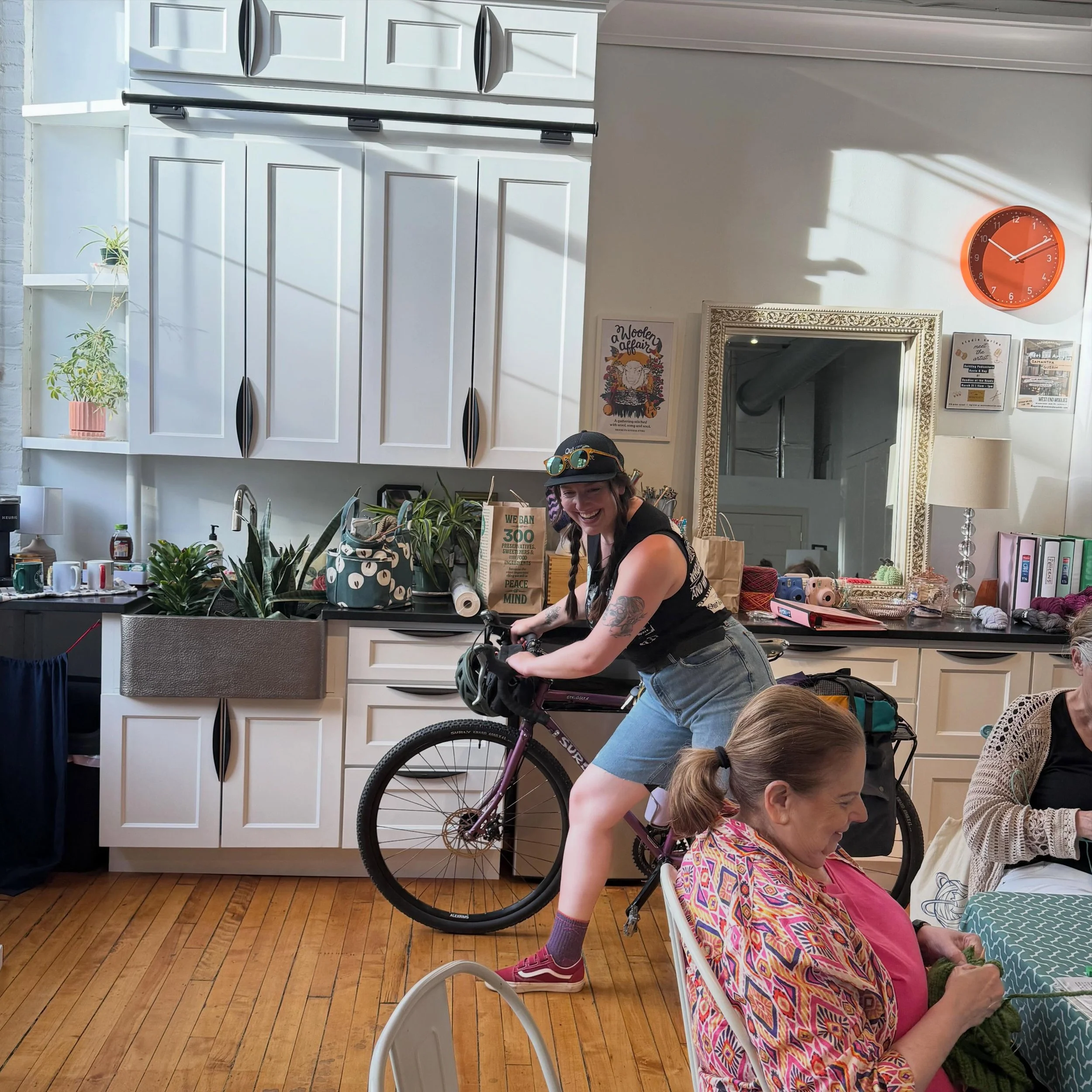 Rolling into knitting class on her bike with the kind of energy that makes everyone smile. 🧶 There&rsquo;s something so contagious about joy, confidence, and showing up exactly as yourself. These are the moments that make this community feel extra s