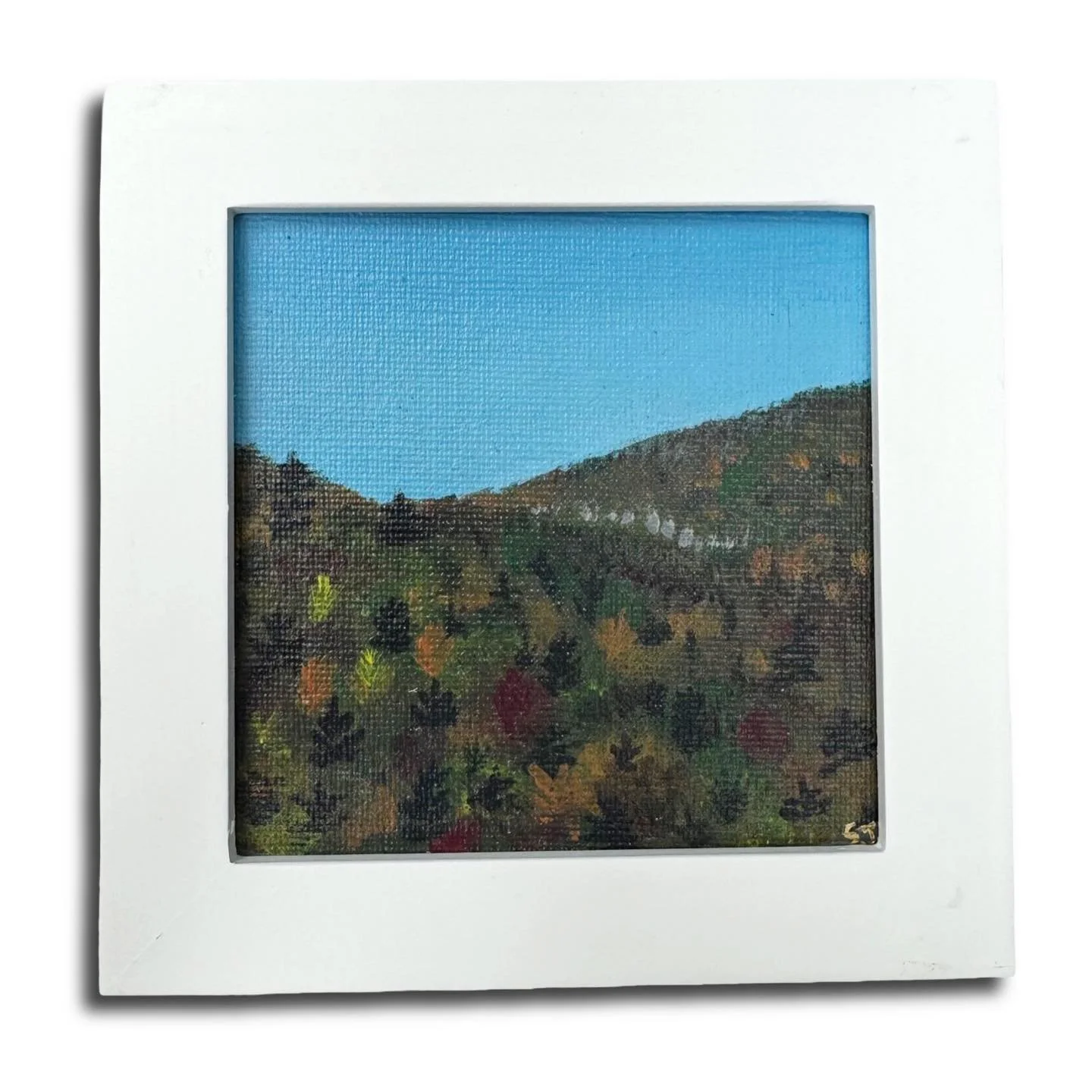 Even the quiet hills shift with the seasons&mdash;Autumnal View, painted in the colors of fall, with greens faded to gold and crimson.

A mini framed original painted on a 4x4 inch canvas sheet, with the frame bringing it to 5x5 inches. 

Available n