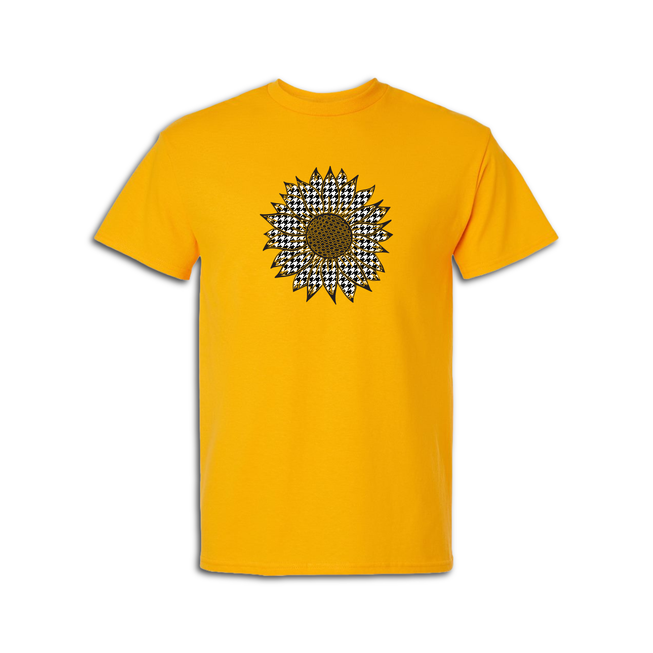 Evergreen Drive Product Image-Houndstooth Sunflower T-shirt gold.png