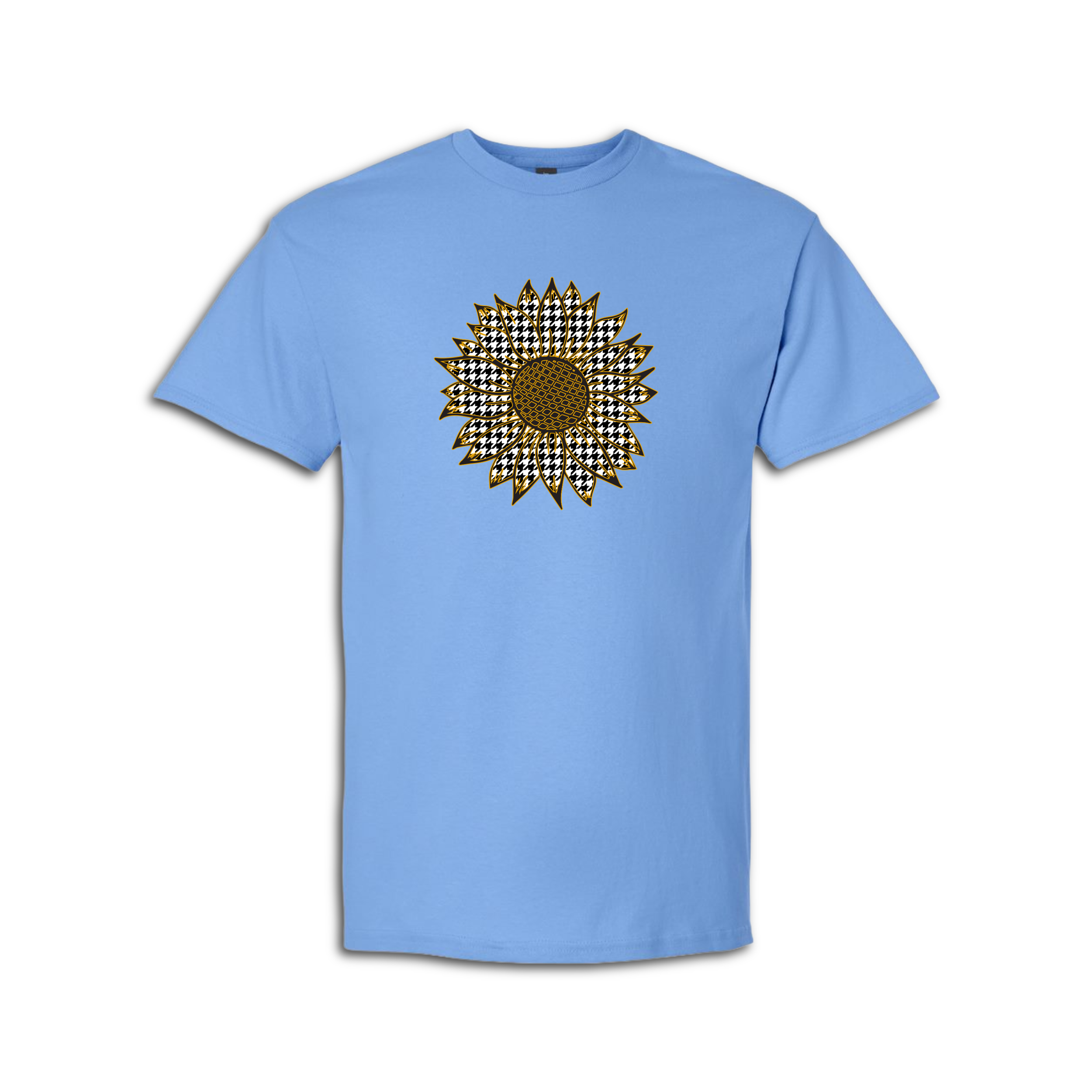 Evergreen Drive Product Image-Houndstooth Sunflower T-shirt carolina blue.png