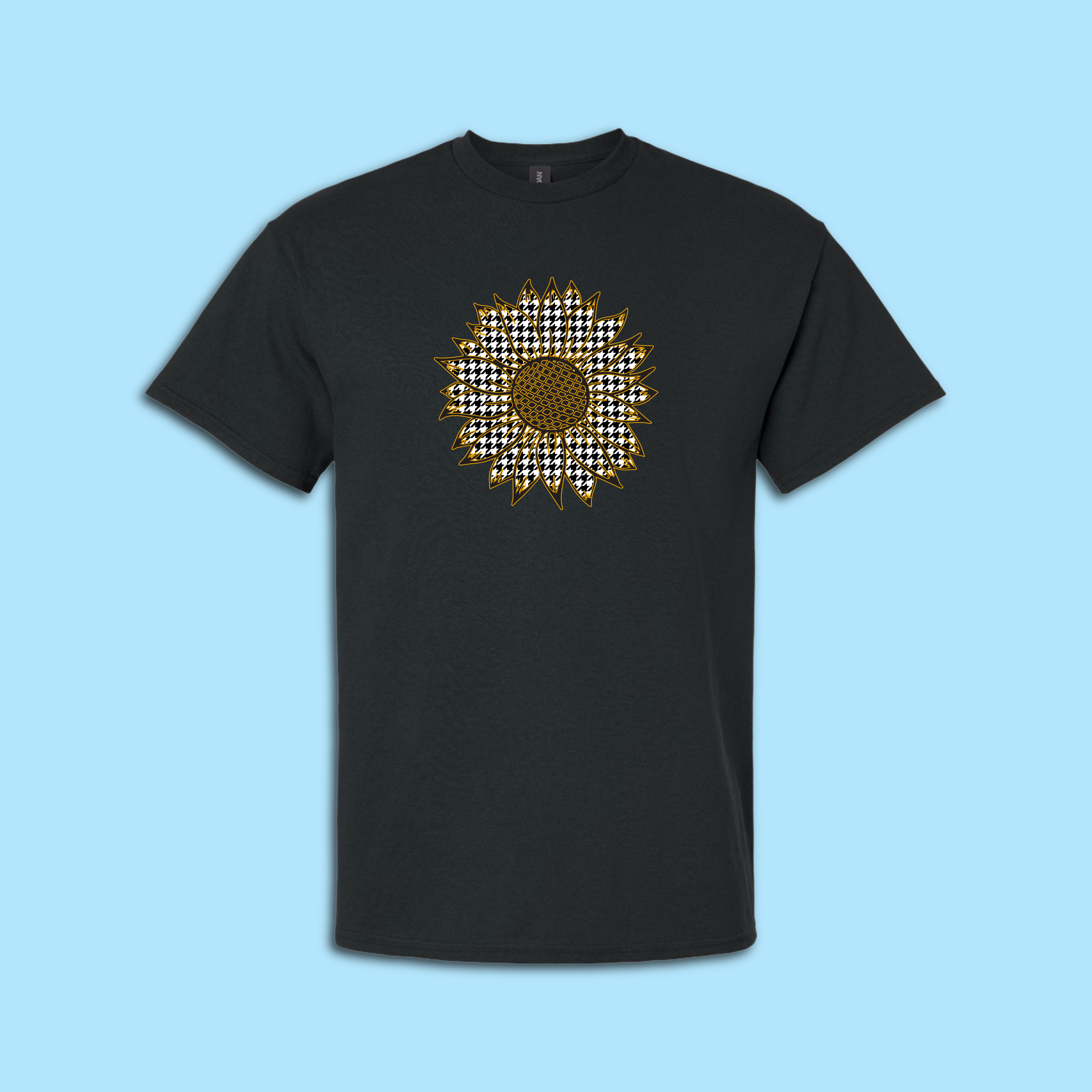 Evergreen Drive Product Image-Houndstooth Sunflower T-shirt black on blue background.png
