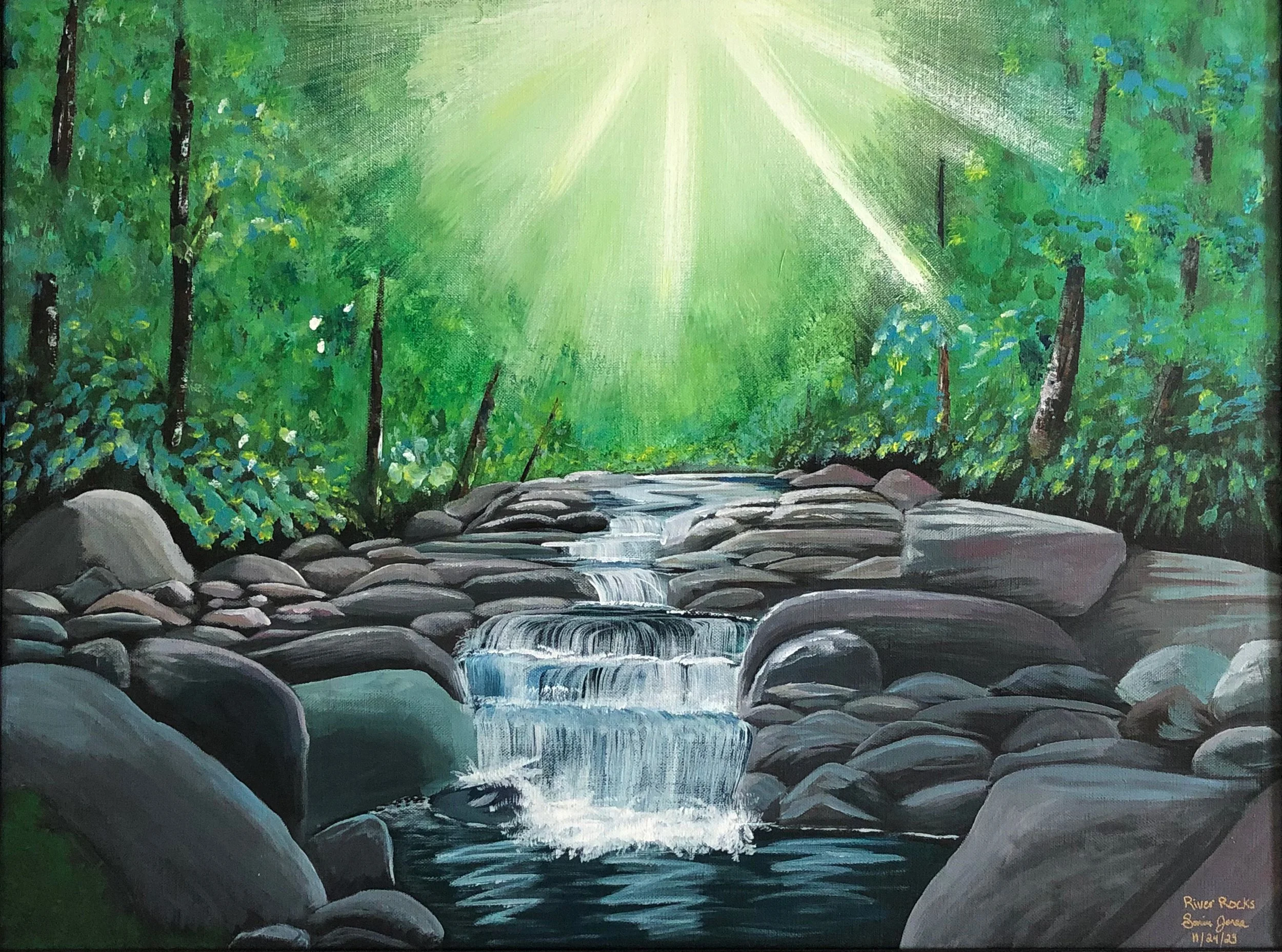 A painting of a forest scene featuring tall trees with green foliage and a small waterfall flowing over smooth rocks in the foreground, with sunlight filtering through the trees.