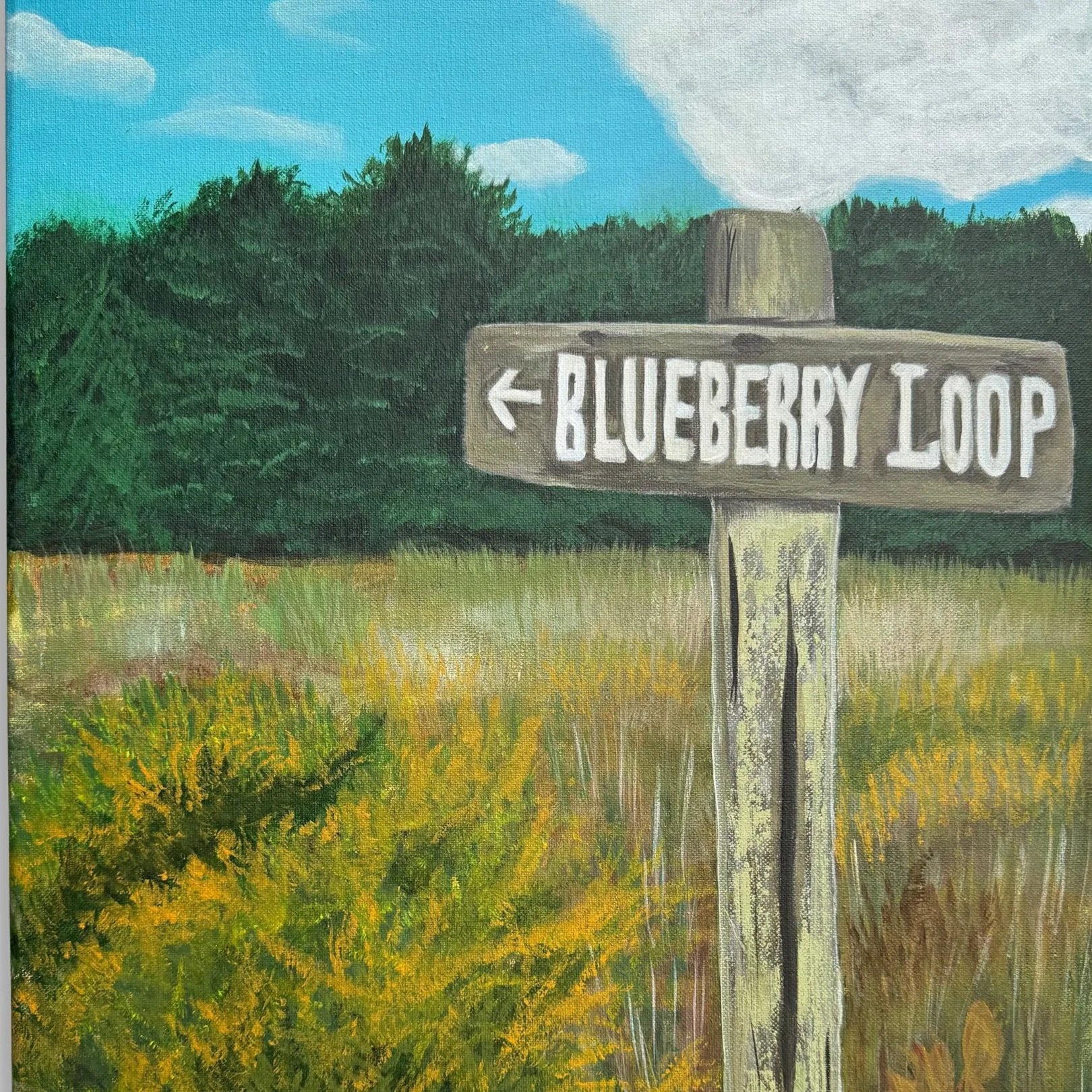 Original landscape painting of the Blueberry Loop trail sign in Maine by artist Sonia Jones.