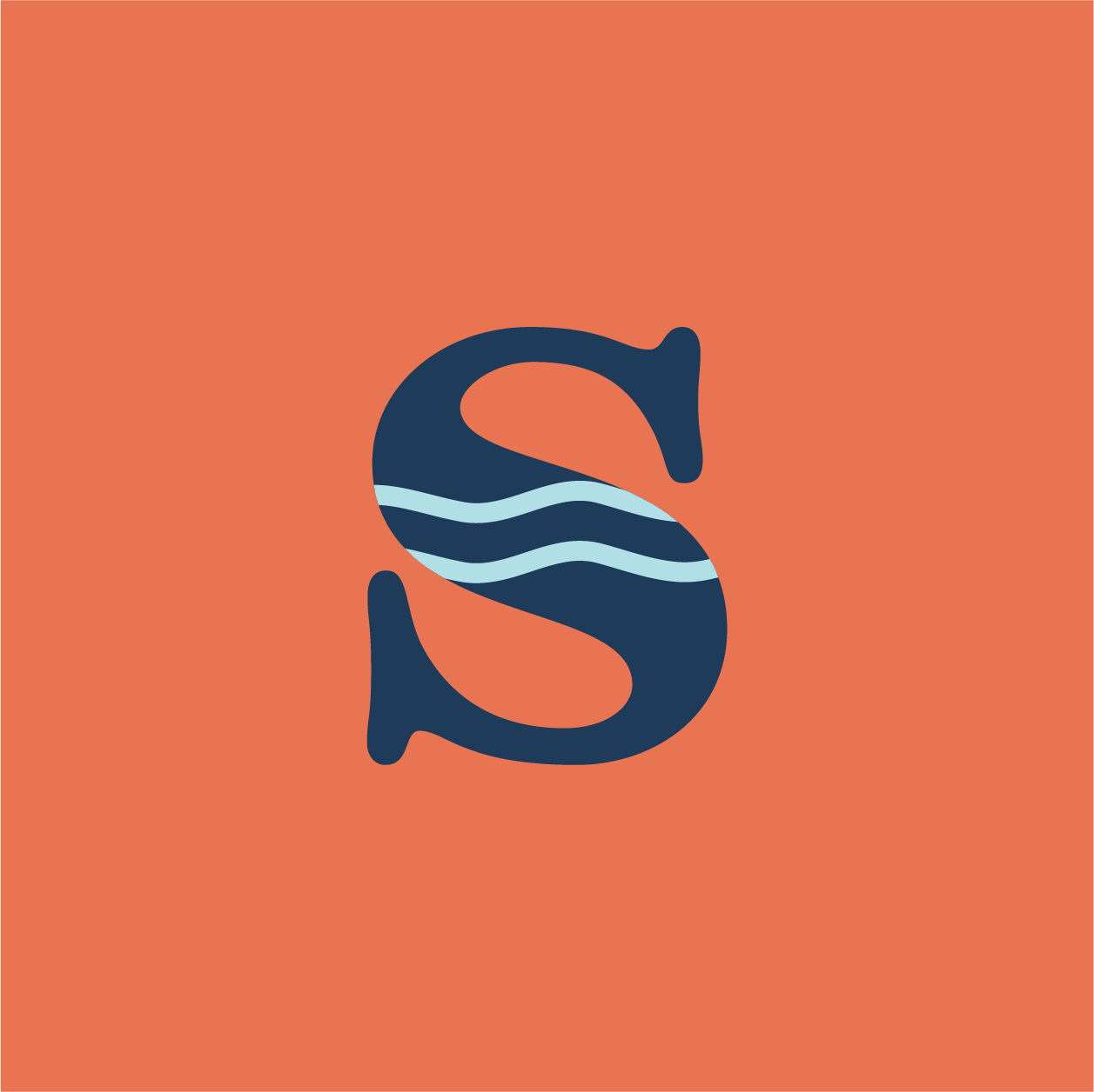 Stylized letter S with water waves pattern on an orange background.
