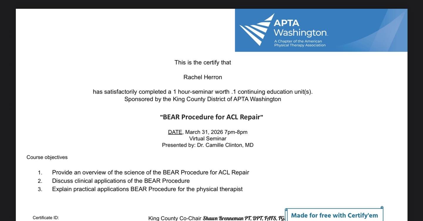 Big thank you to #aptawa and Dr. Camille Clinton for this great continuing education opportunity. I appreciated learning about the  latest research regarding the BEAR Procedure for ACL repairs. 

#acl #rehab #sports #athlete