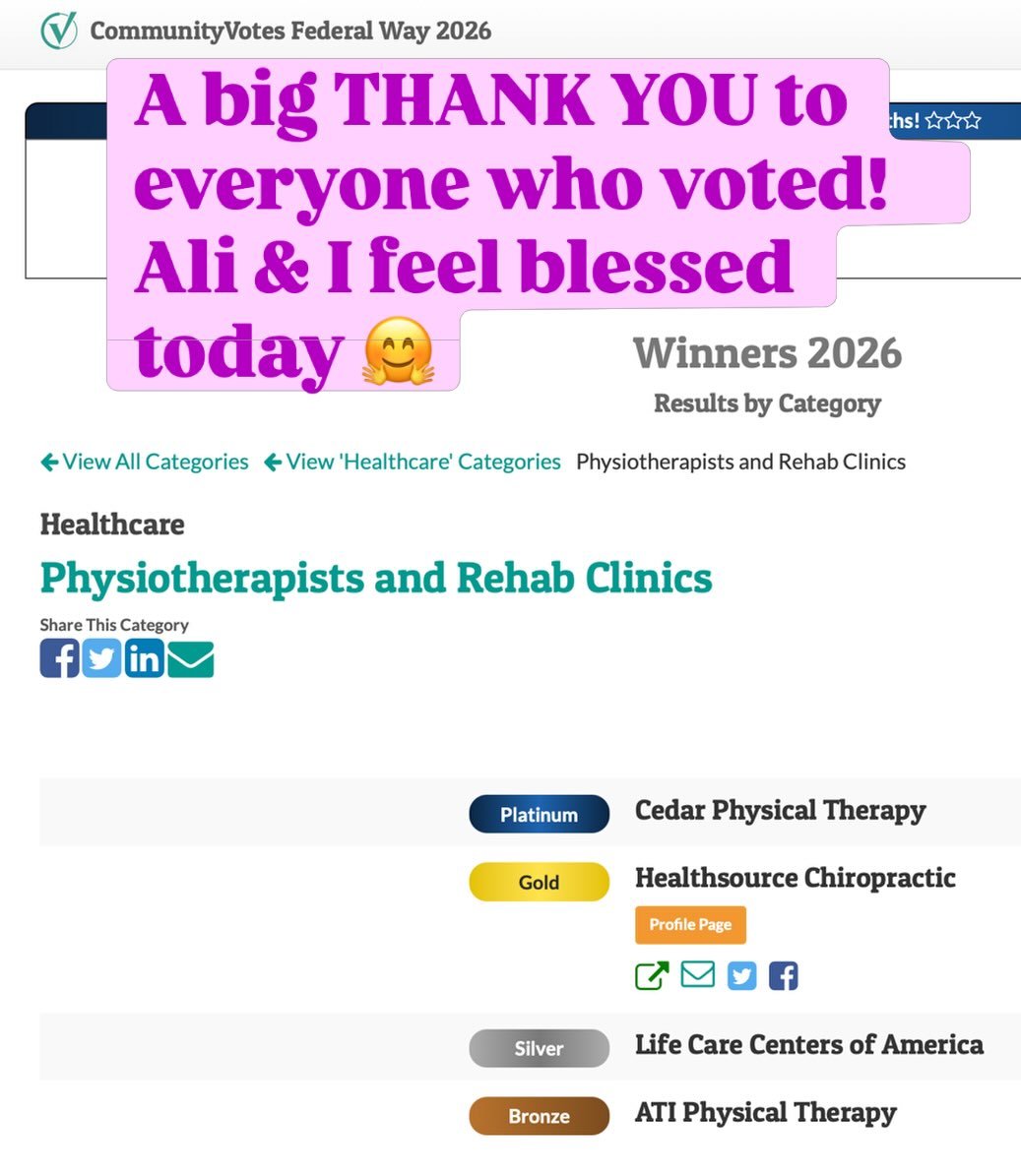 Wow what cool news today! 🐶Ali and I are very grateful for everyone who voted for us to win 2026 BEST Physiotherapist &amp; Rehab clinic in Federal Way. THANK YOU 🙏🏽

#communityvotes2026 #federalway #physicaltherapy #holistic #platinum