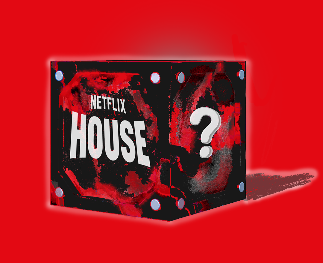 A black box with red and white abstract patterns and the words 'NETFLIX HOUSE' and a large white question mark on the front, set against a red background.