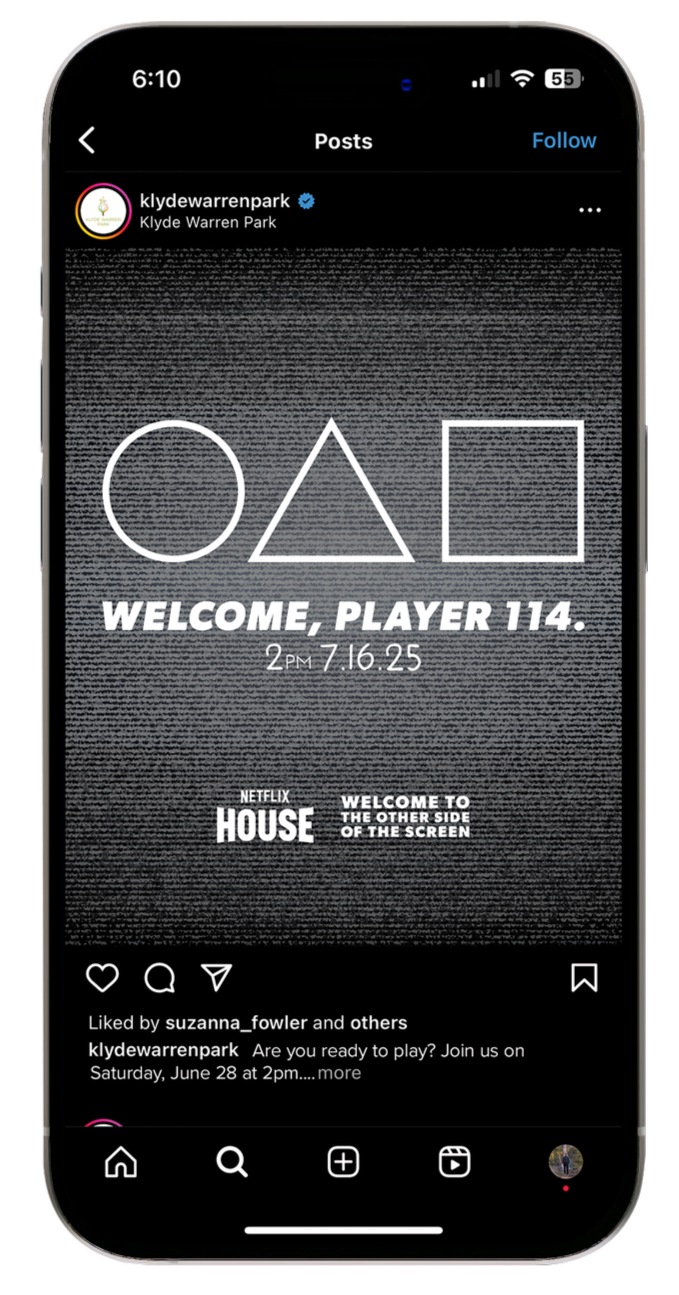 Instagram post from klydewarrenpark promoting a game of the classic shapes: circle, triangle, and square, with a welcome message for player 114 and details about a Netflix House event.